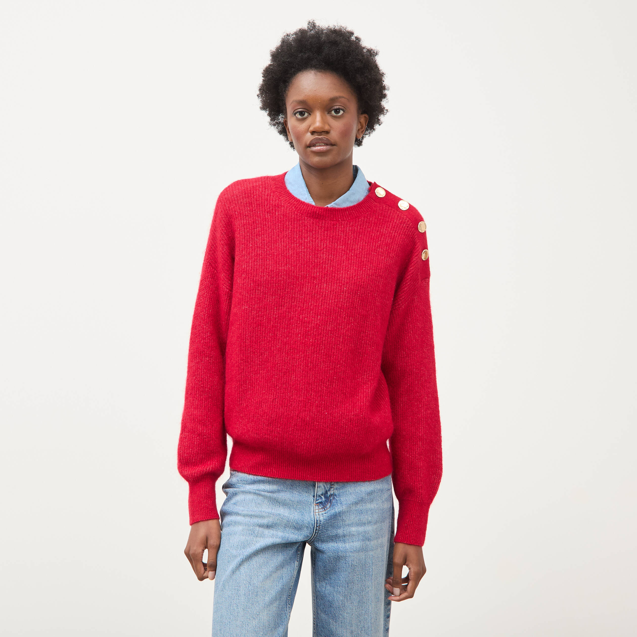 Pull droit col rond manches longues rouge femme