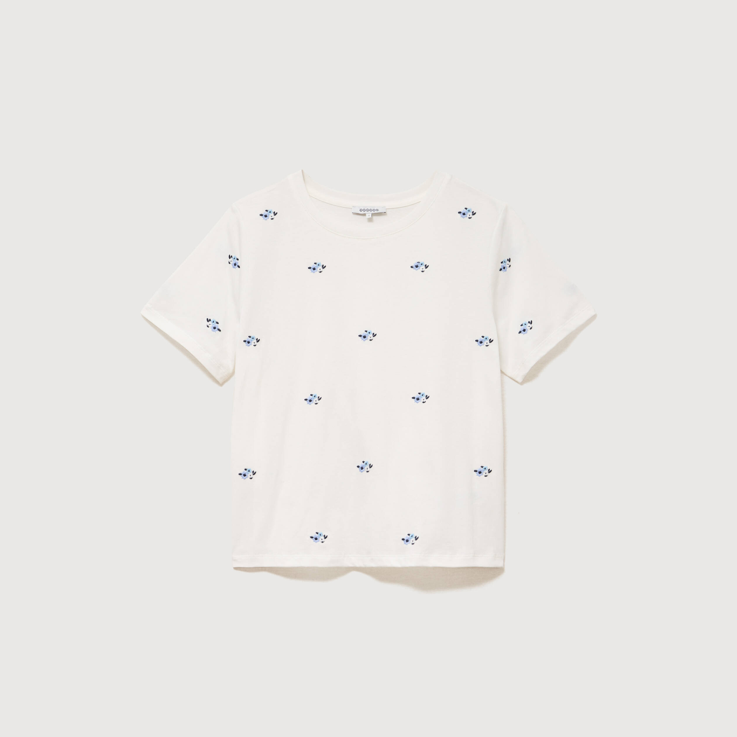 T-shirt droit col rond brod&eacute; en coton ivoire femme