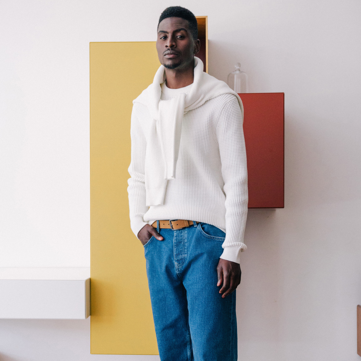 Pull manches longues col rond ecru homme