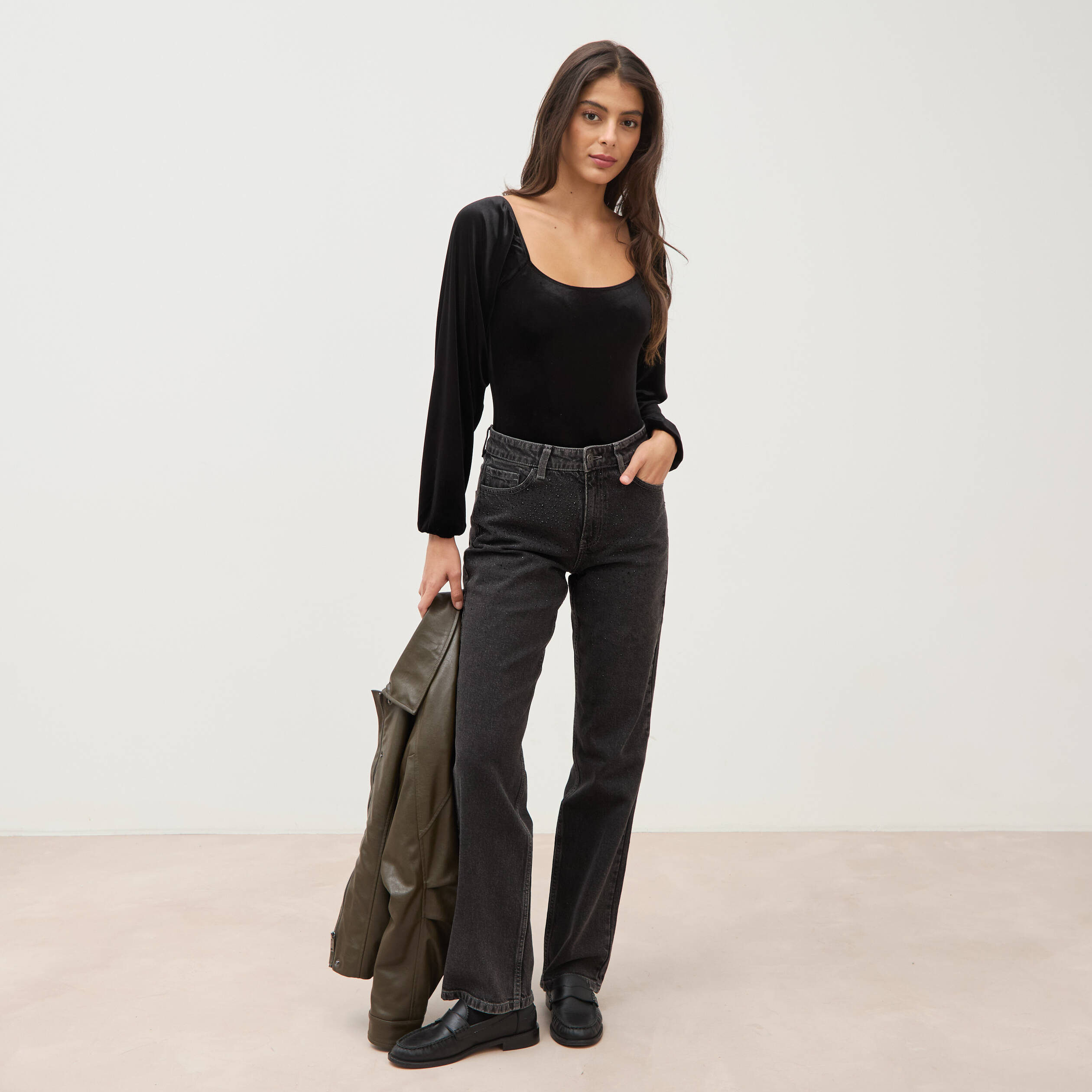 Jeans straight taille haute strass denim gris femme