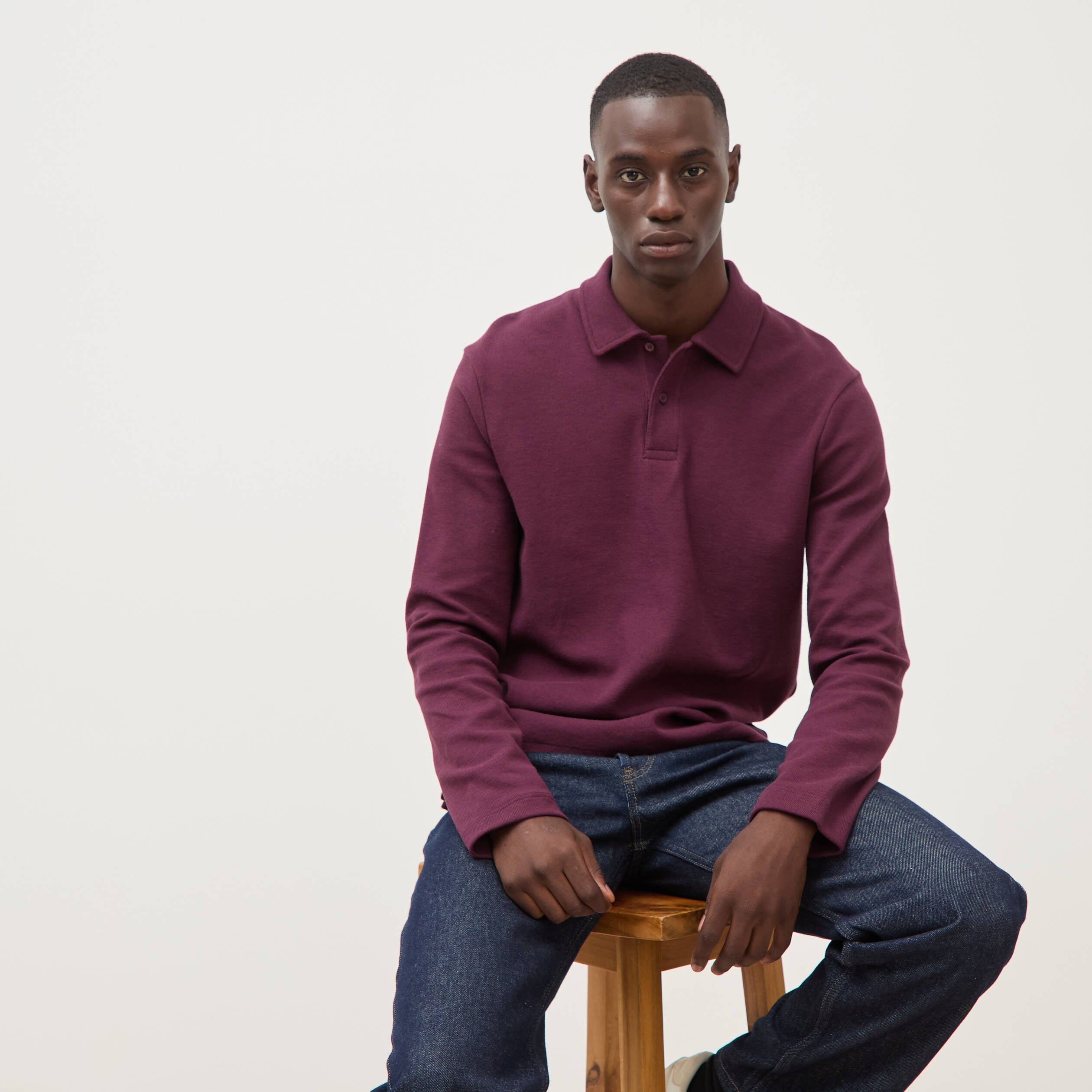 Polo droit manches longues en coton prune homme