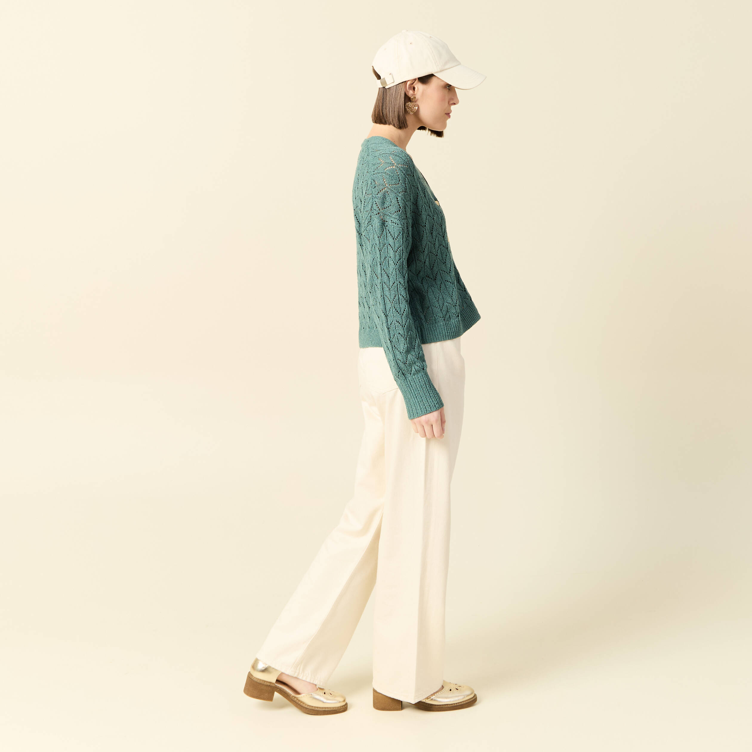 Gilet manches longues ajour&eacute; vert fonc&eacute; femme