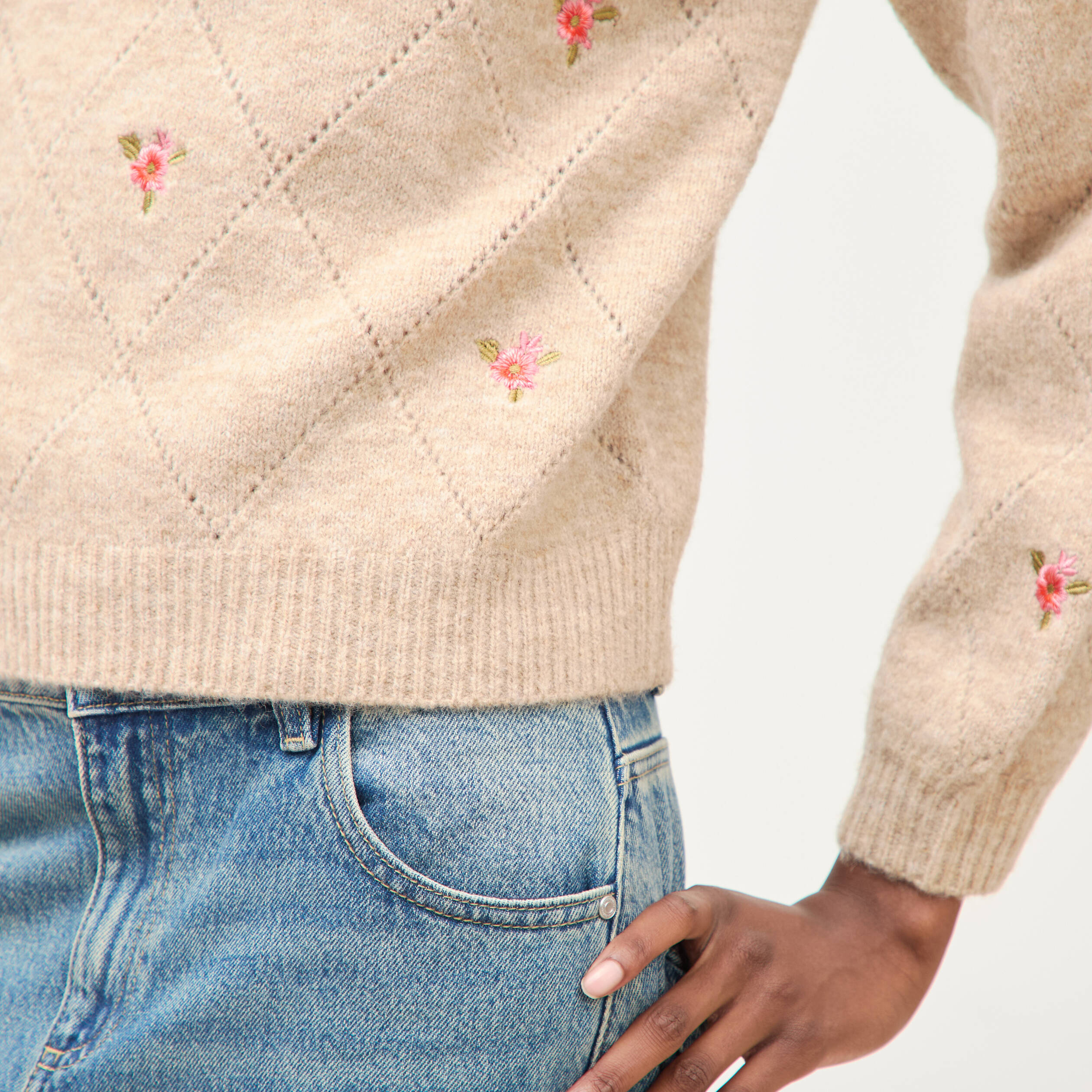 Pull droit col rond manches longues creme femme