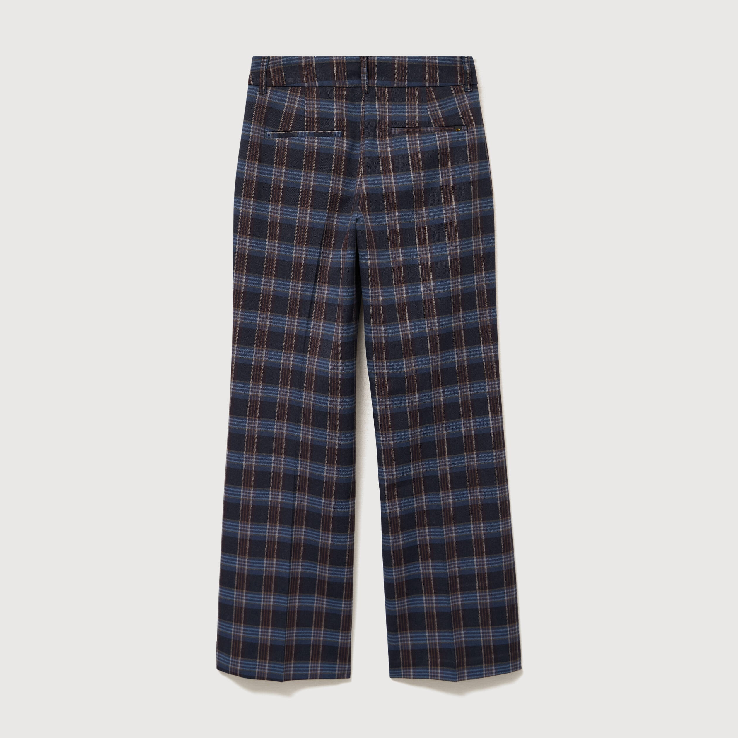 Pantalon flare &agrave; carreaux taille haute bleu gris femme