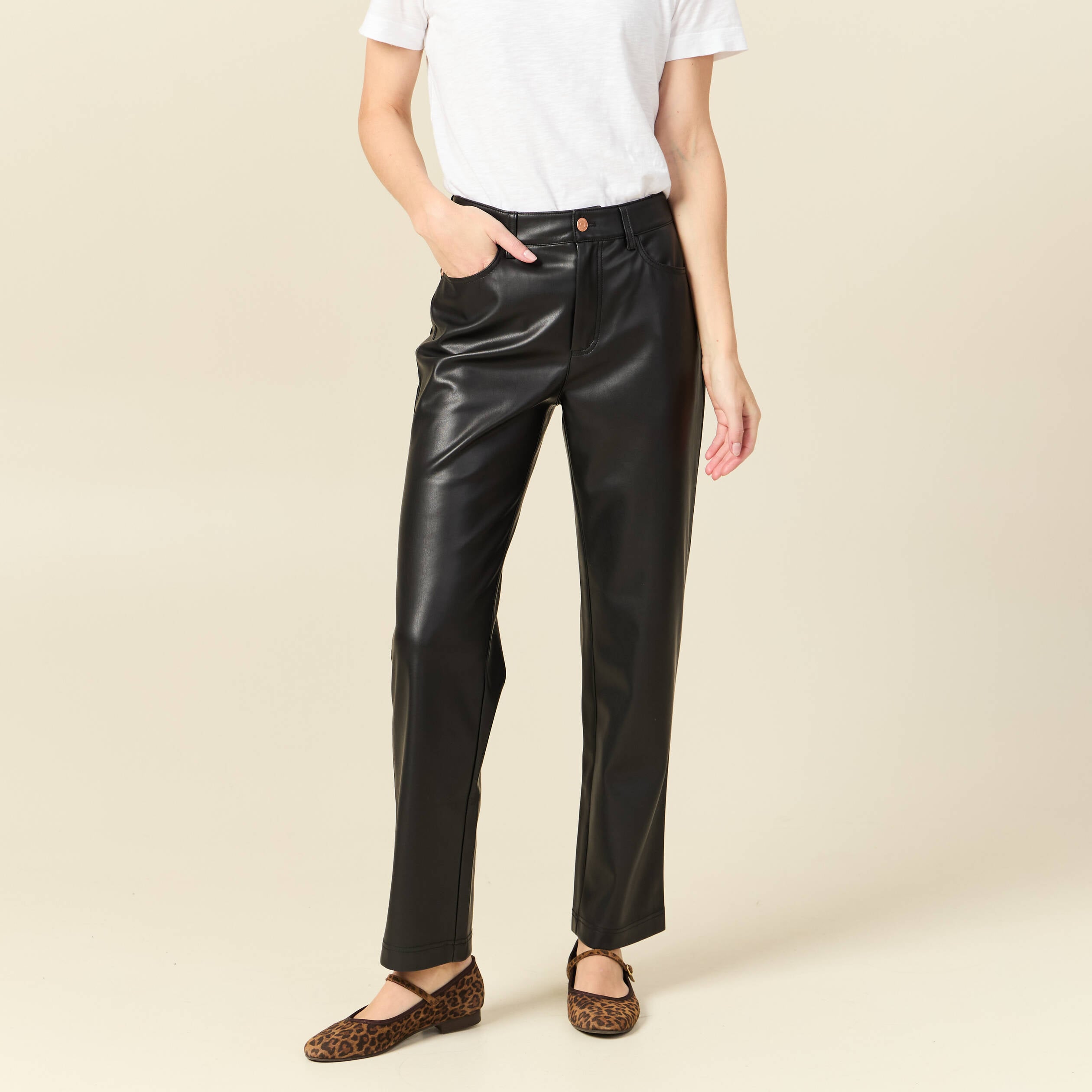 Pantalon taille haute similicuir noir femme