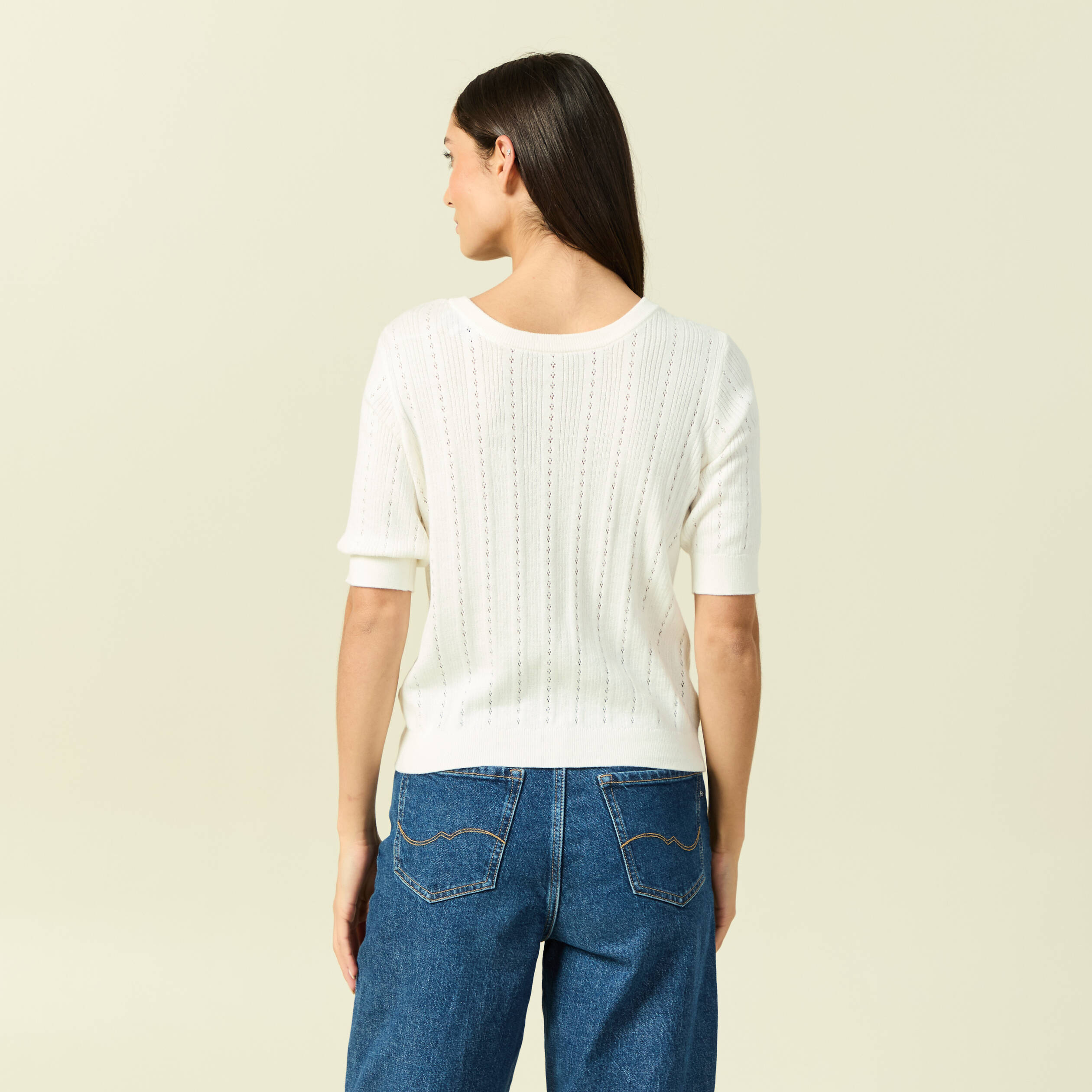 Gilet manches coude col rond ecru femme