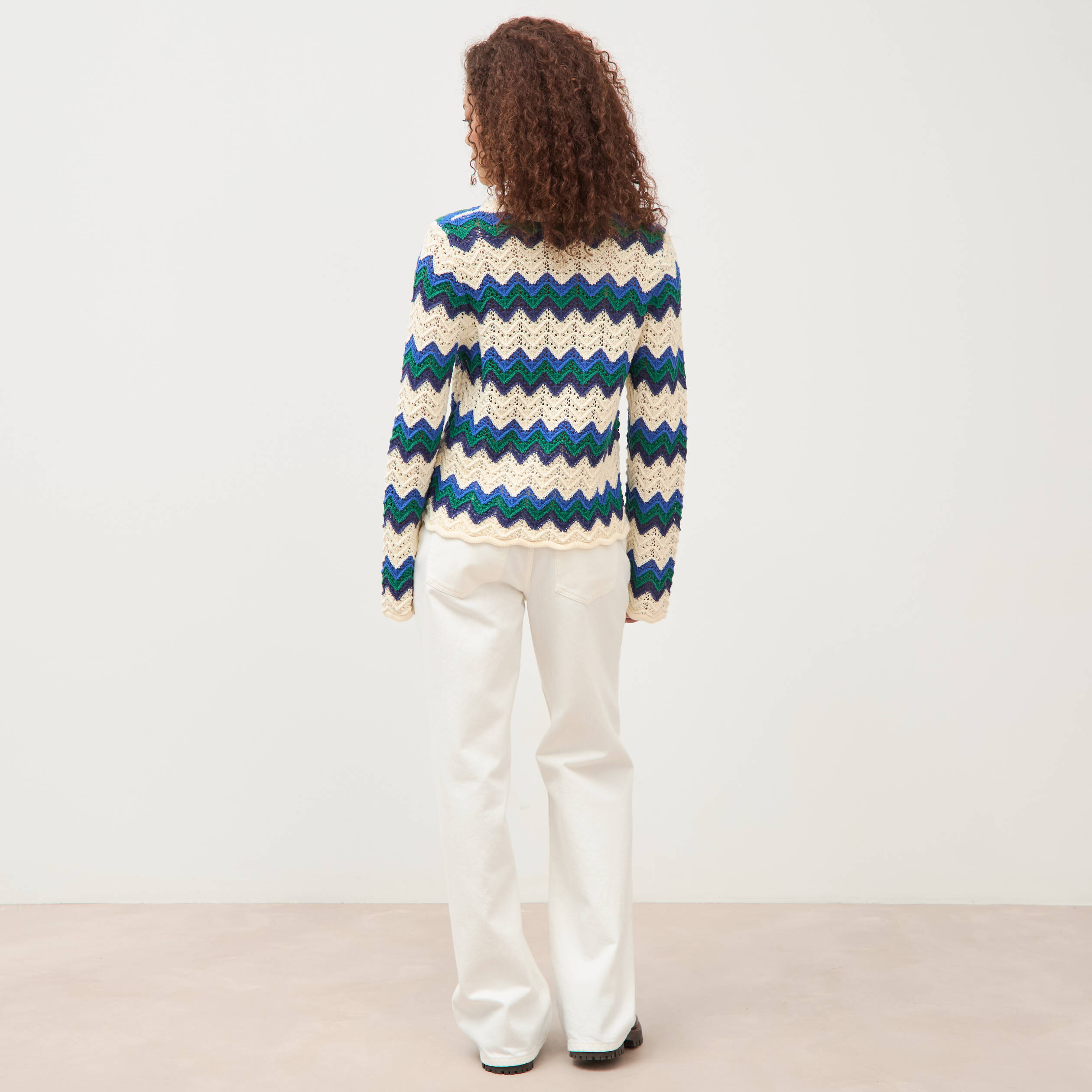 Pull ajour&eacute; coton manches longues ecru femme