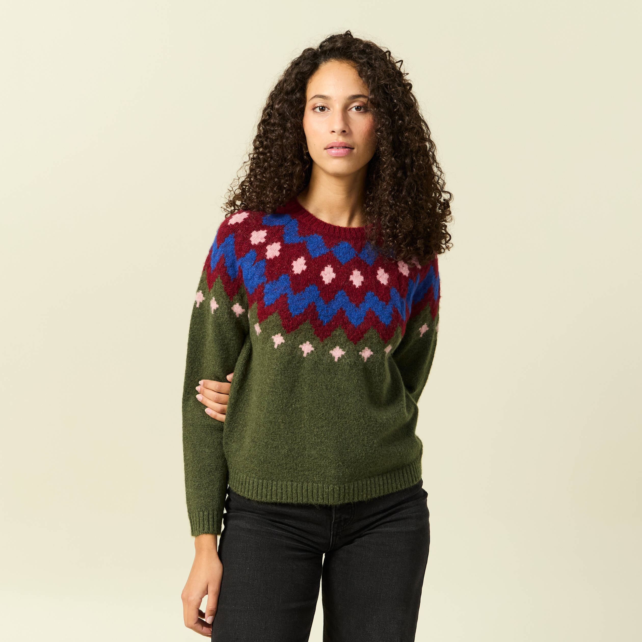 Pull col rond manches longues vert kaki femme