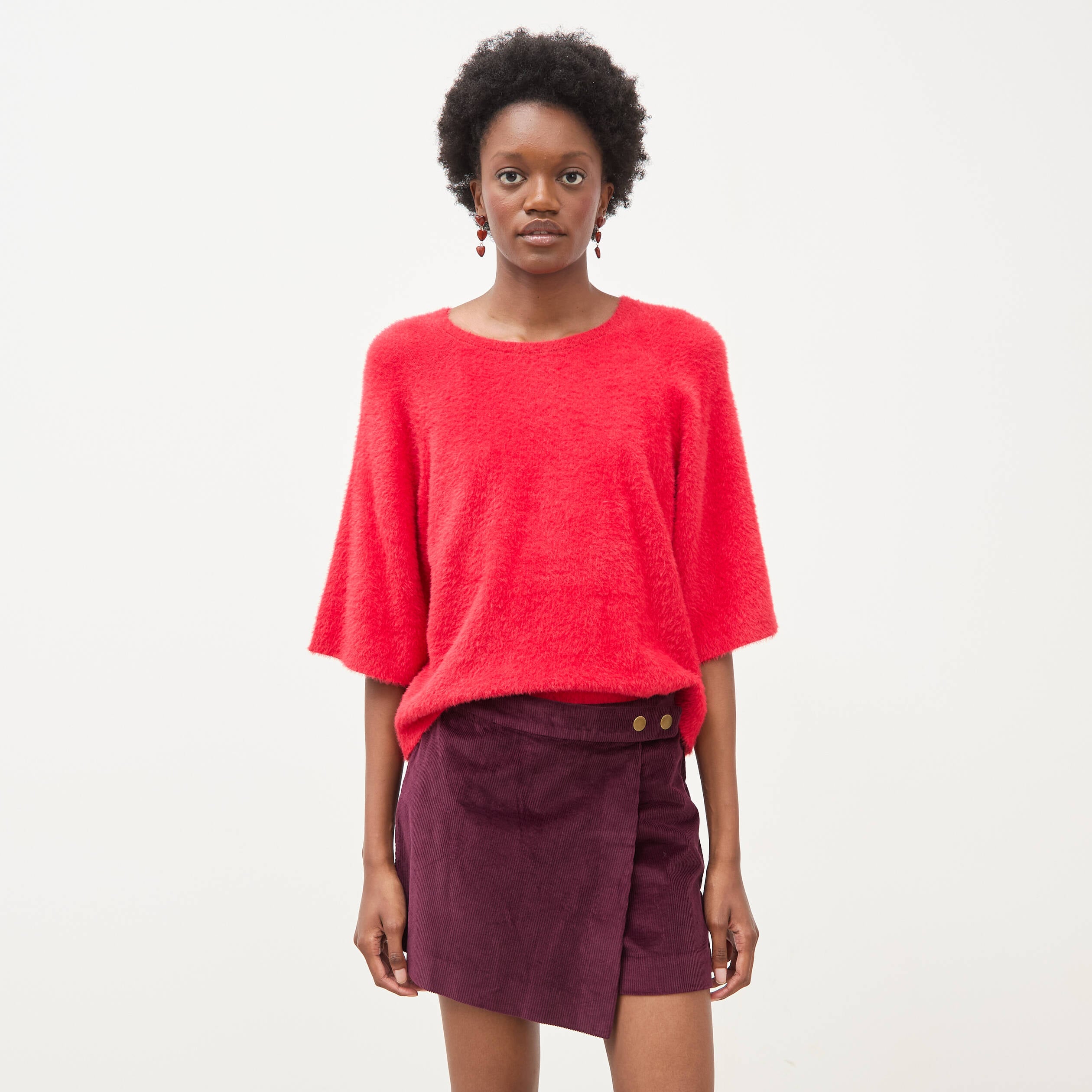 Jupe-short taille haute en velours prune femme