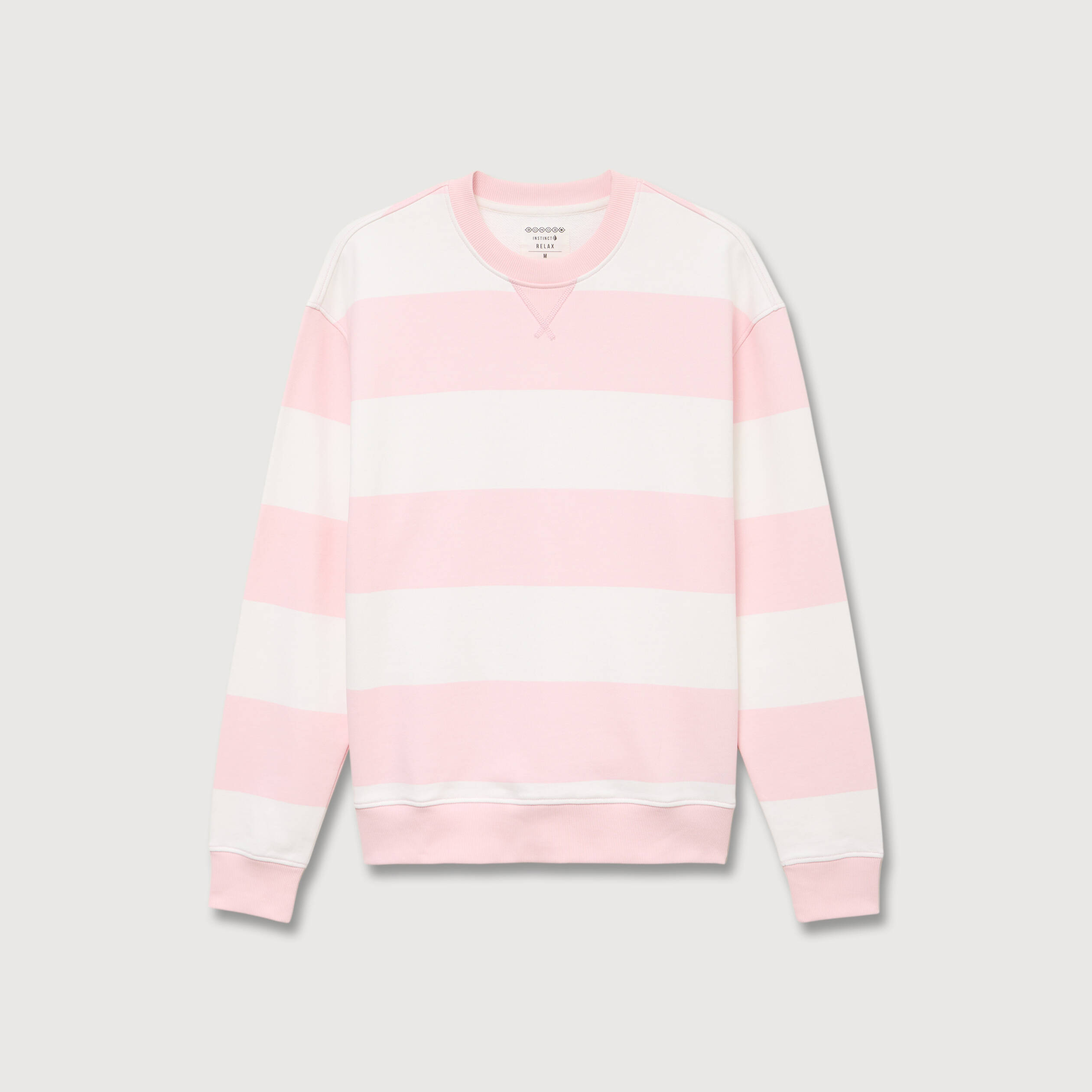 Sweat ray&eacute; col rond manches longues rose poudr&eacute;e homme