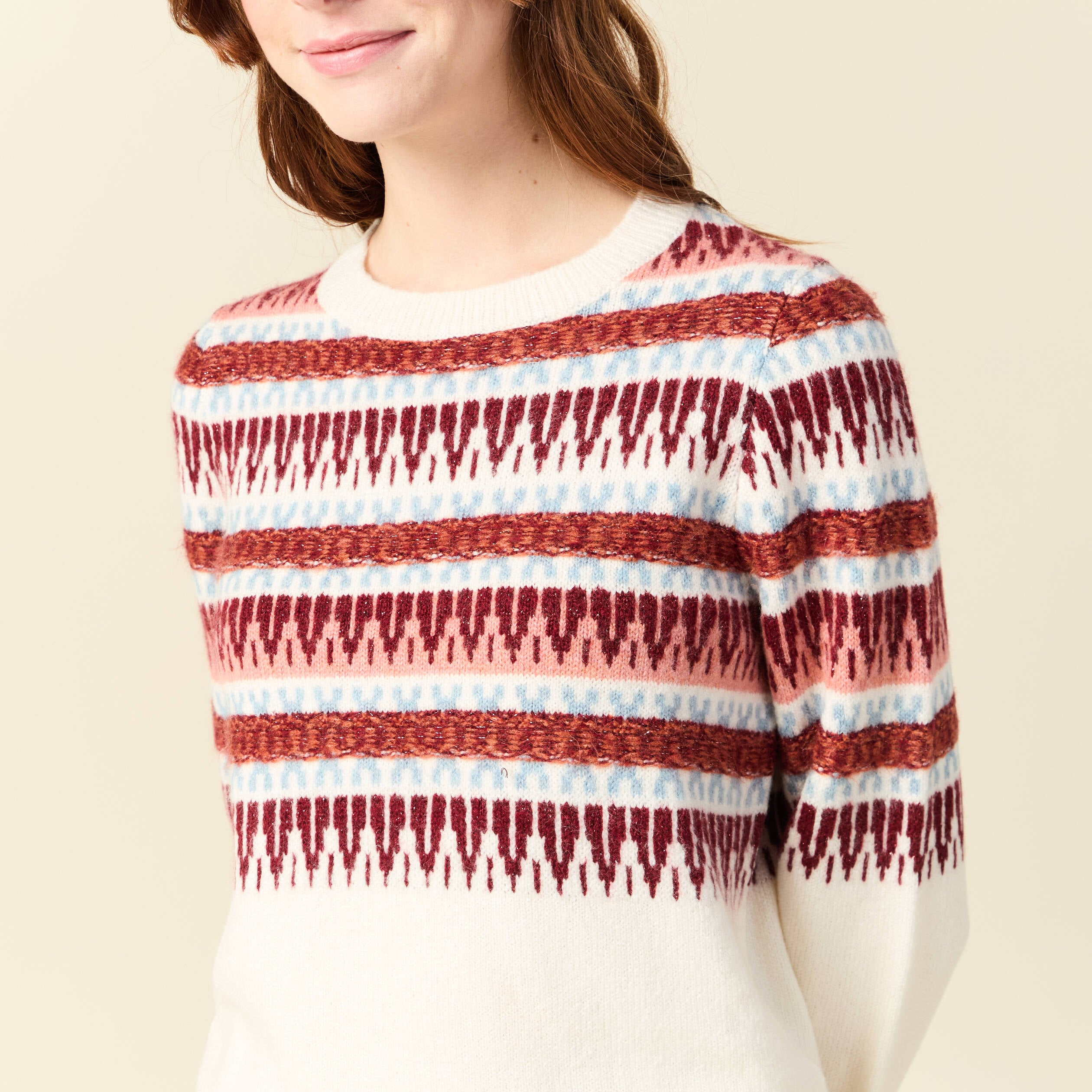 Pull manches longues col rond ecru femme