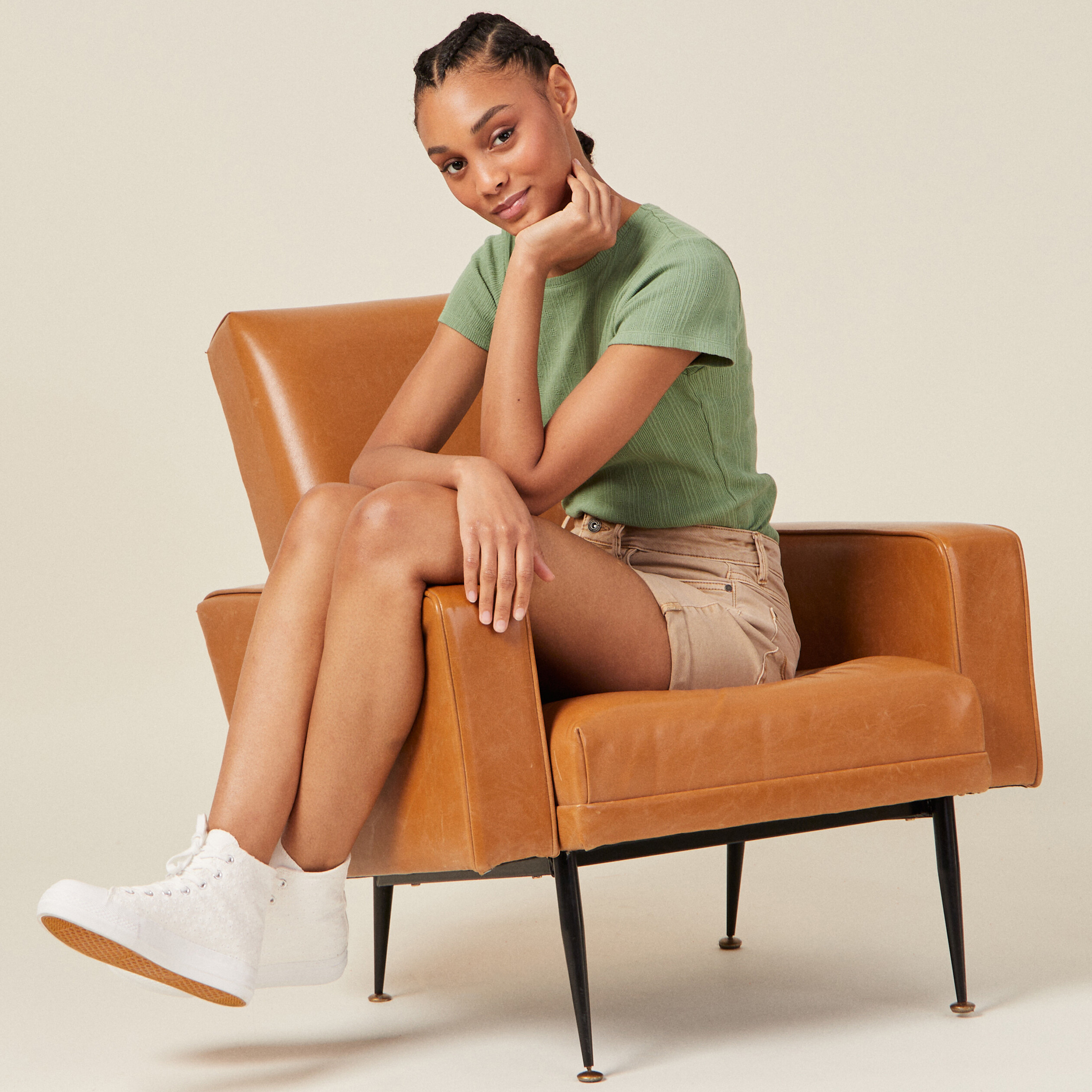 Crop top manches courtes vert kaki femme