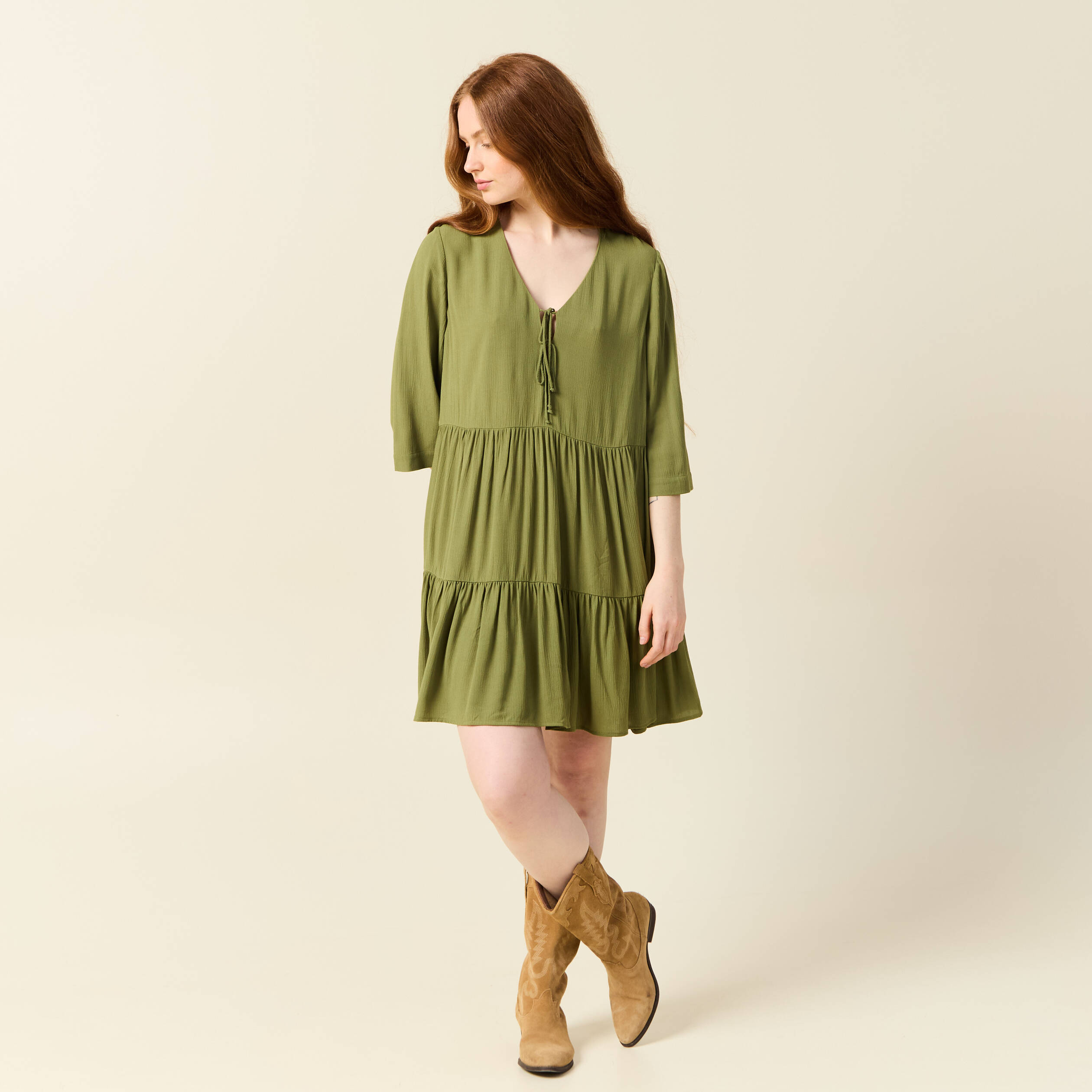 robe evasee manches 34 vert kaki femme Robe évasée manches 3/4 vert kaki femme