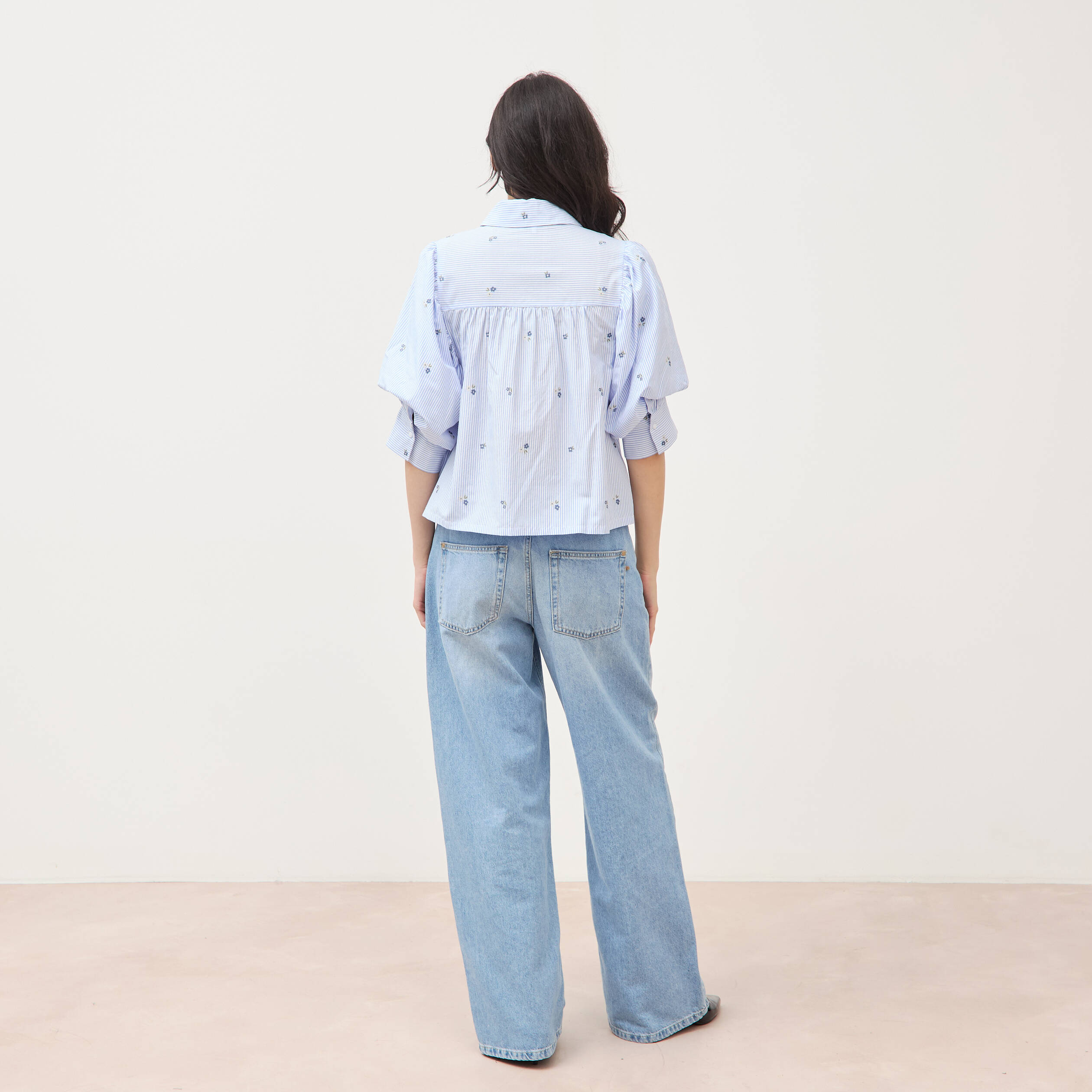 Chemise ample manches coude bleu ciel femme