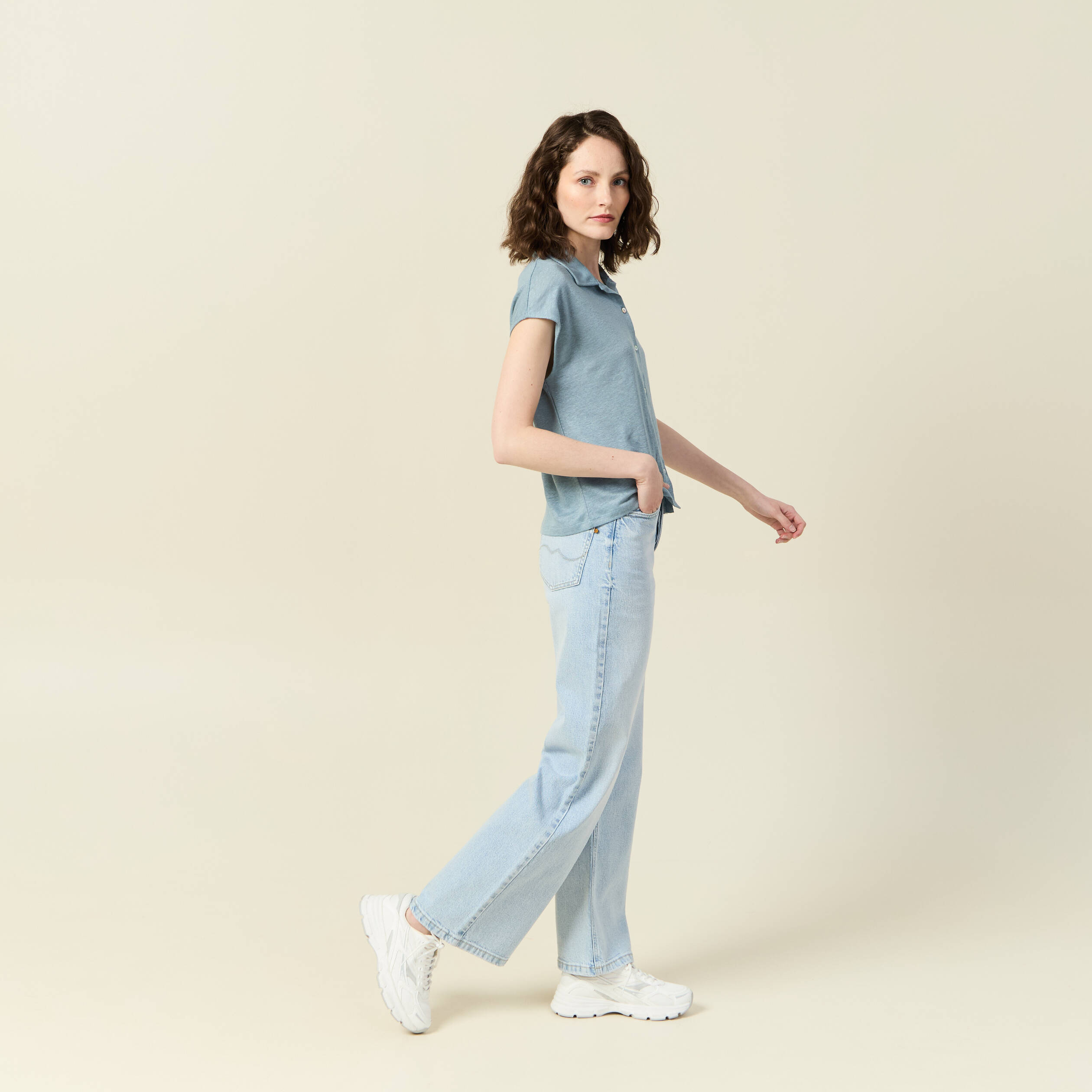 Polo en lin manches courtes bleu gris femme