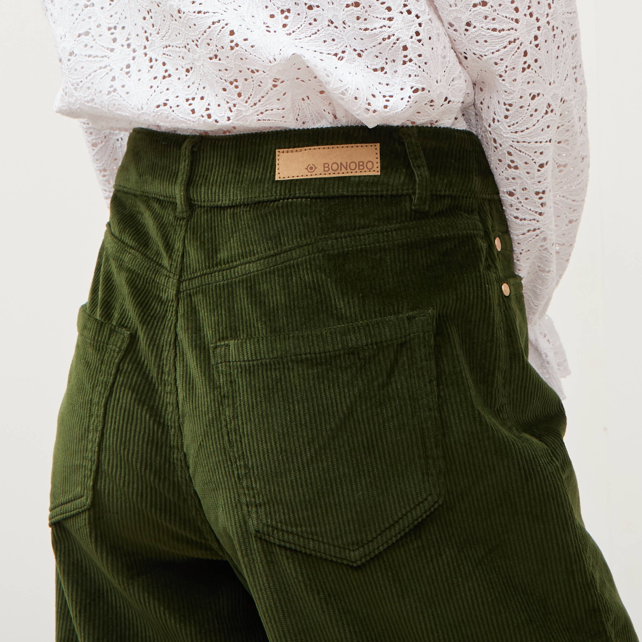 Pantalon taille haute velours resserr&eacute; vert fonc&eacute; femme