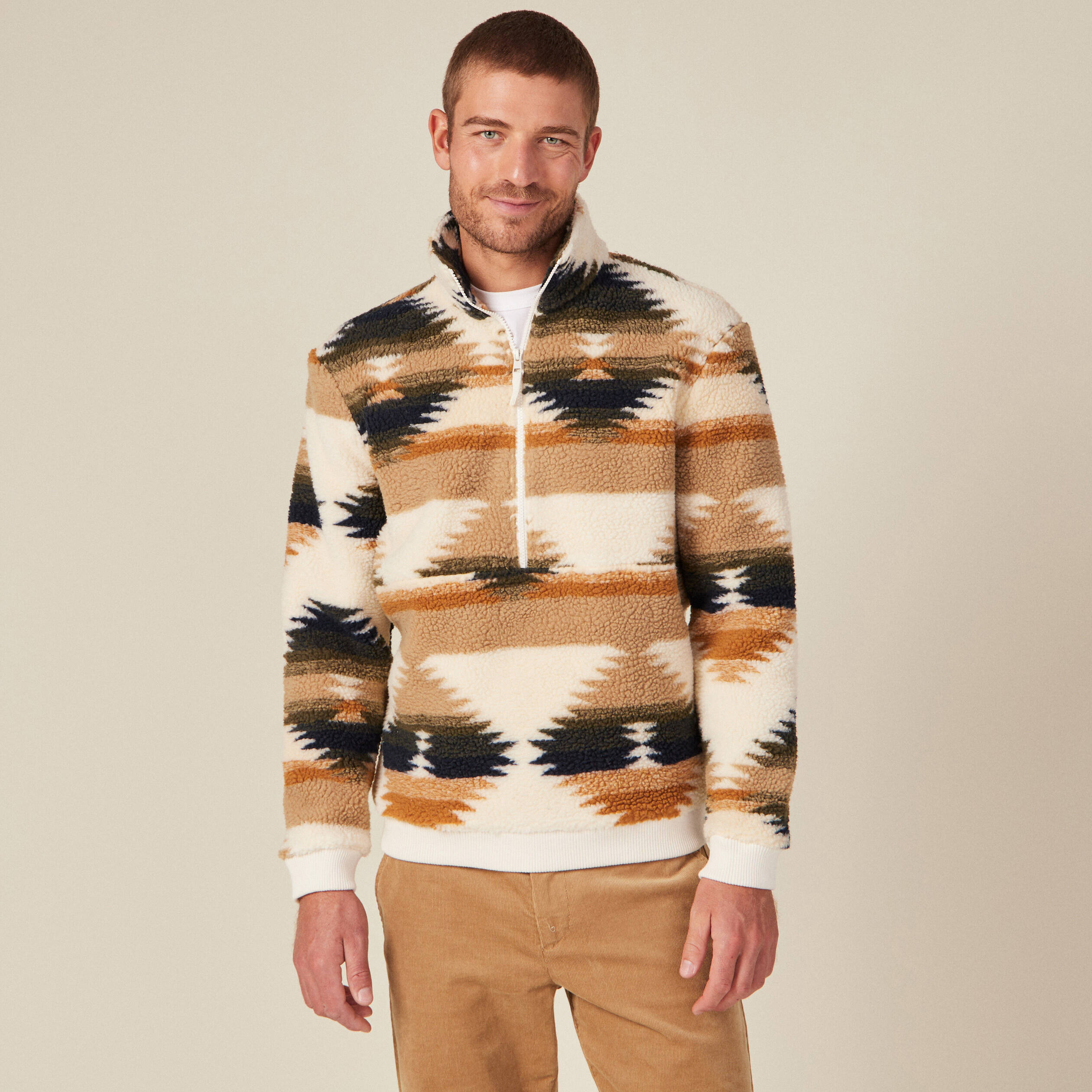 Sweat col camionneur zippé ecru homme