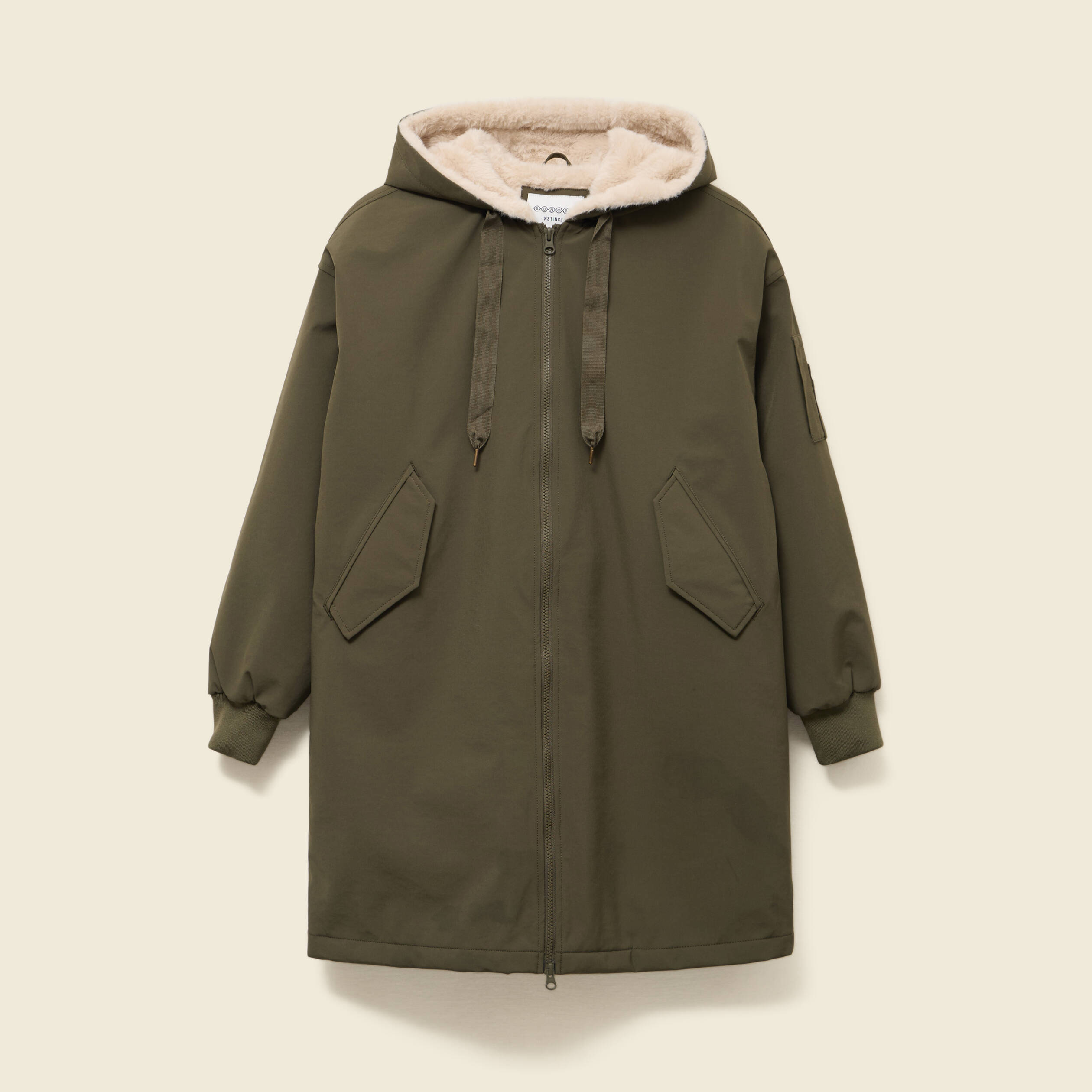 Parka oversize mi-longue &agrave; capuche vert kaki femme
