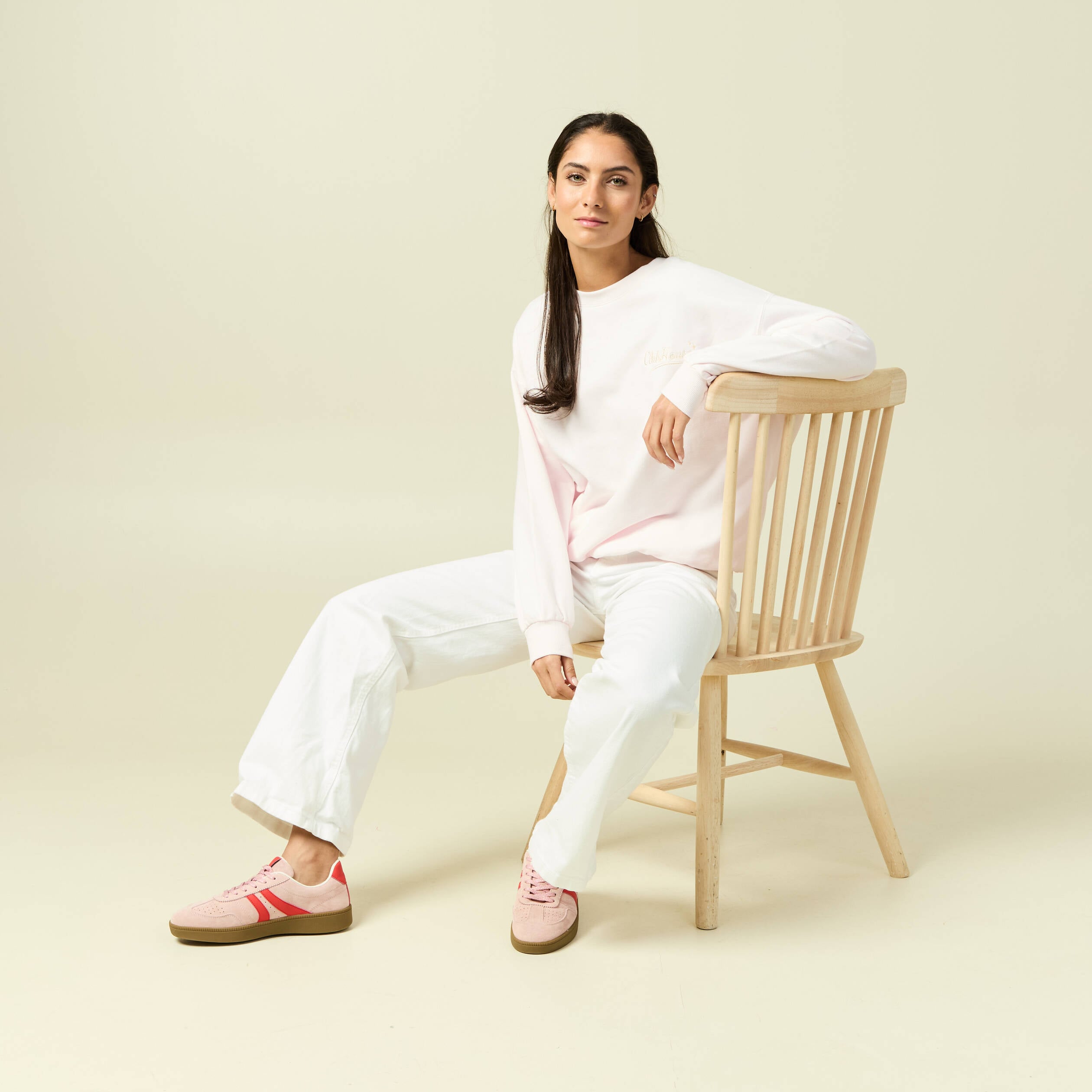 Sweat oversize manches longues brod&eacute; rose poudr&eacute;e femme