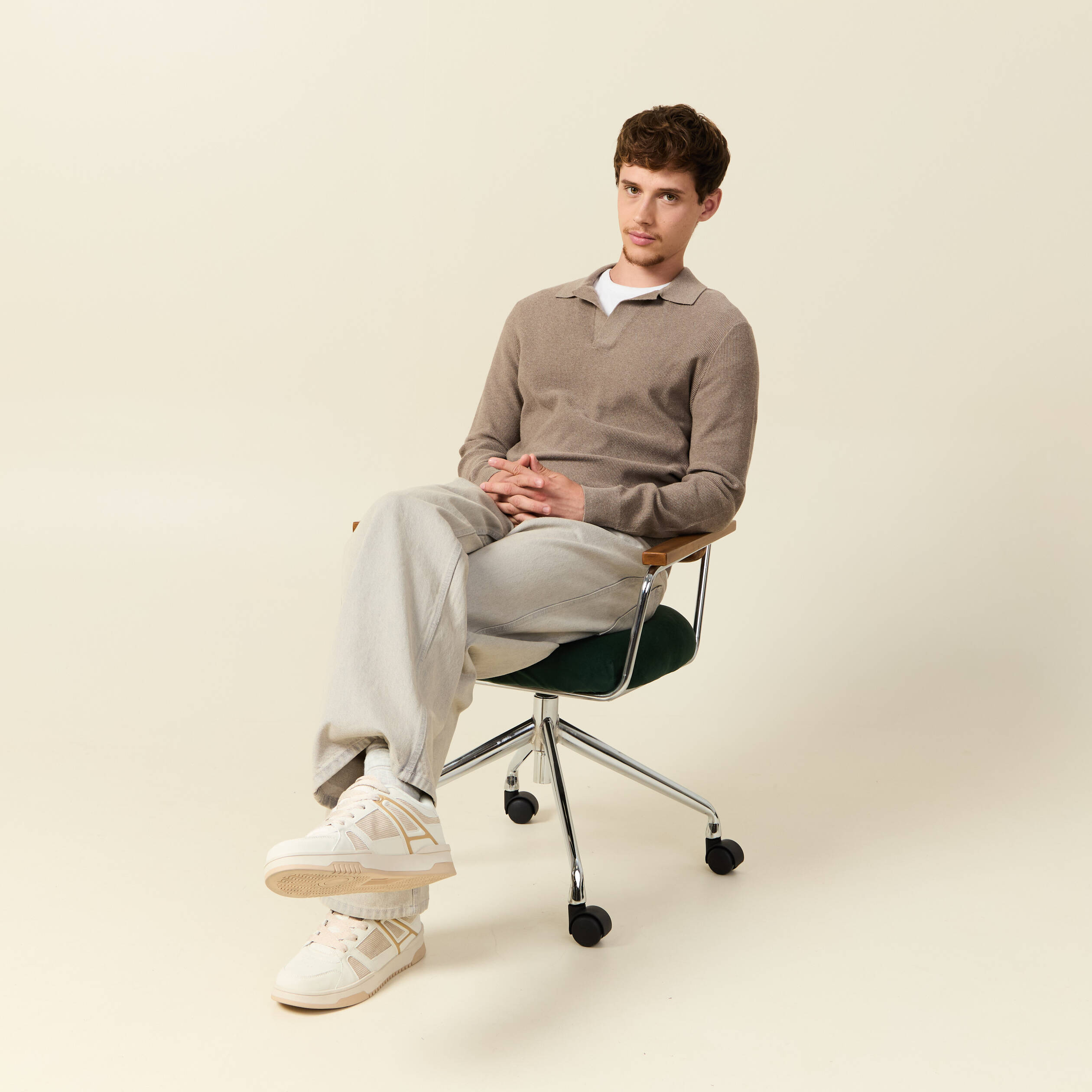 Pull droit col polo manches longues vert kaki homme