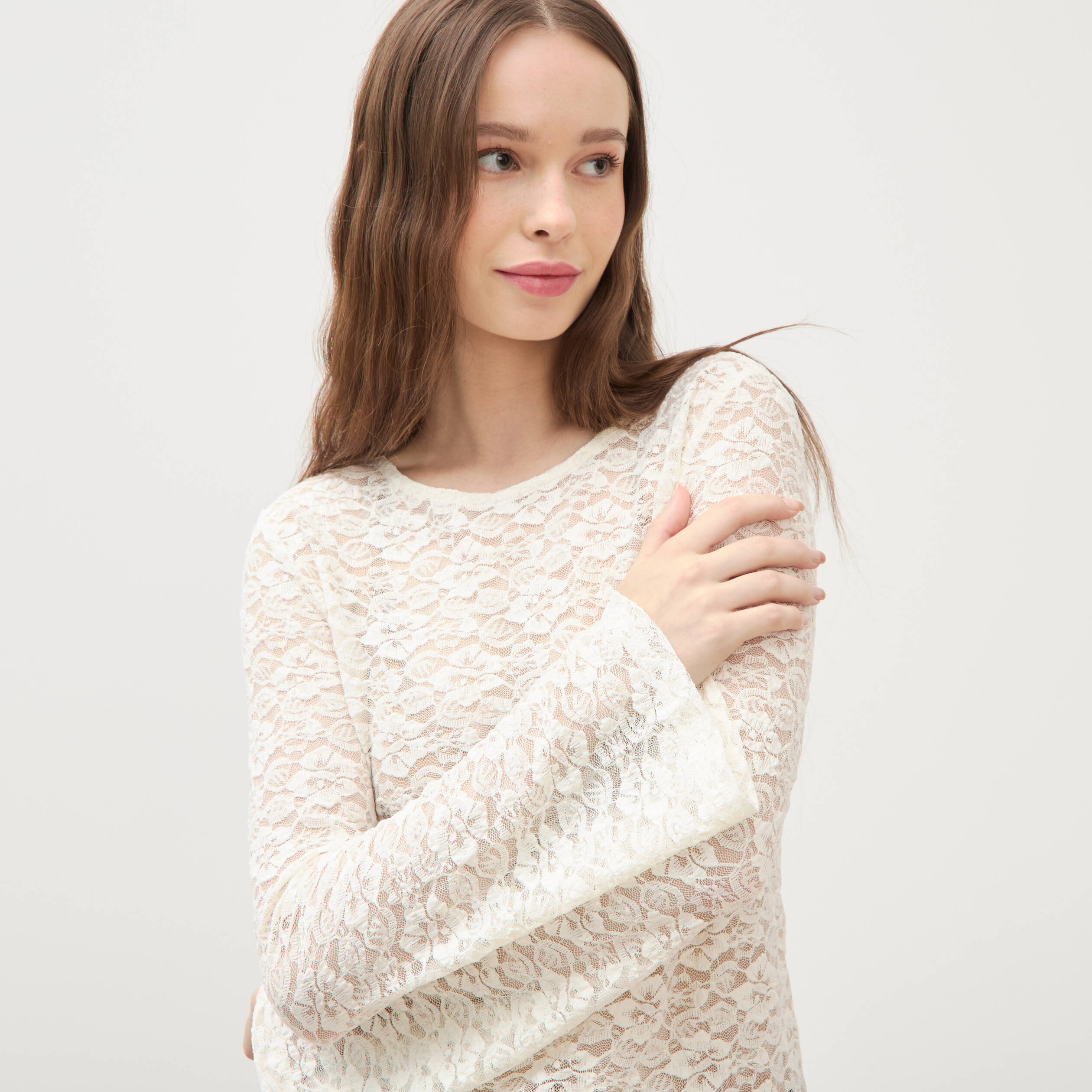 Blouse manches longues dentelle col rond ecru femme