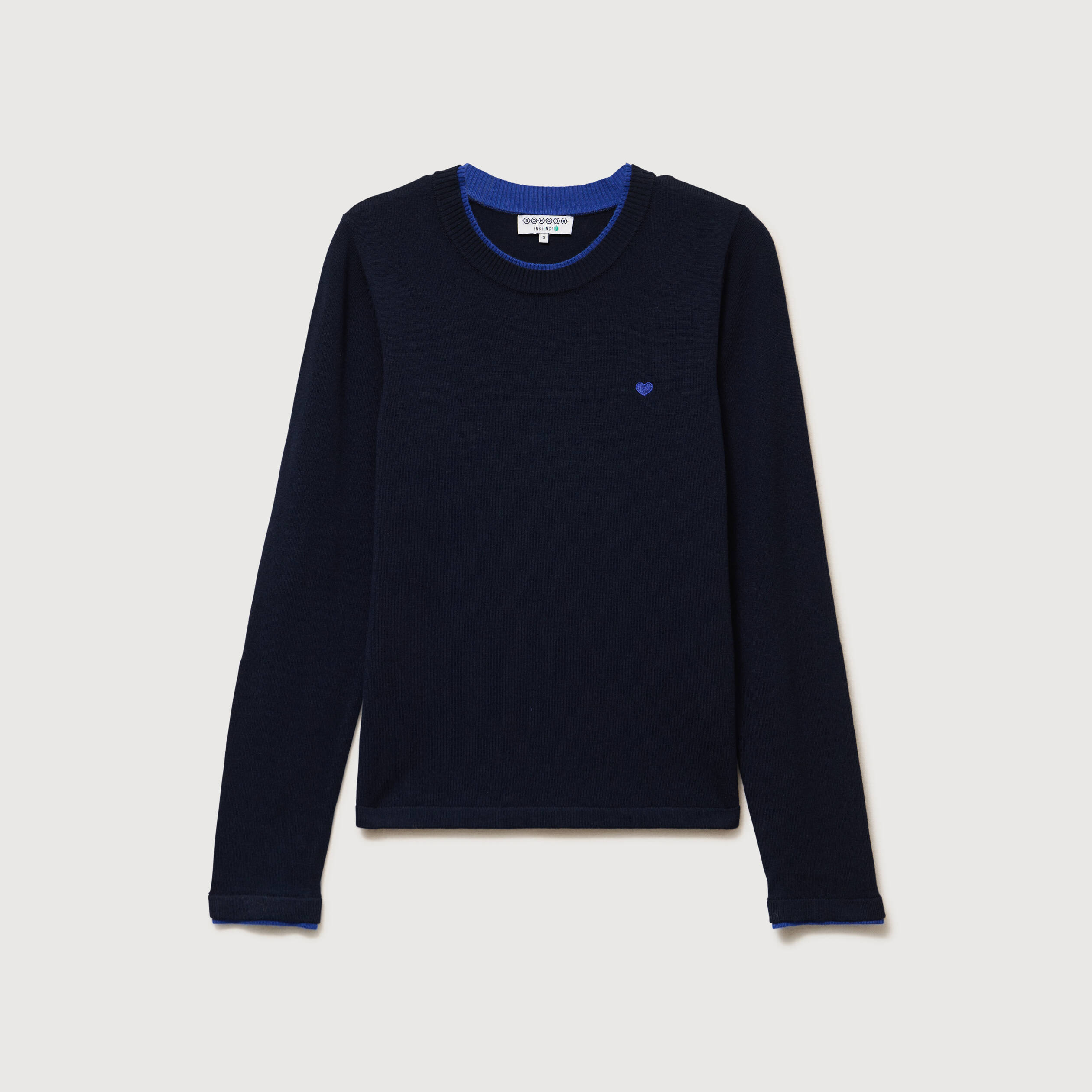 Pull fin col rond manches longues bleu fonc&eacute; femme