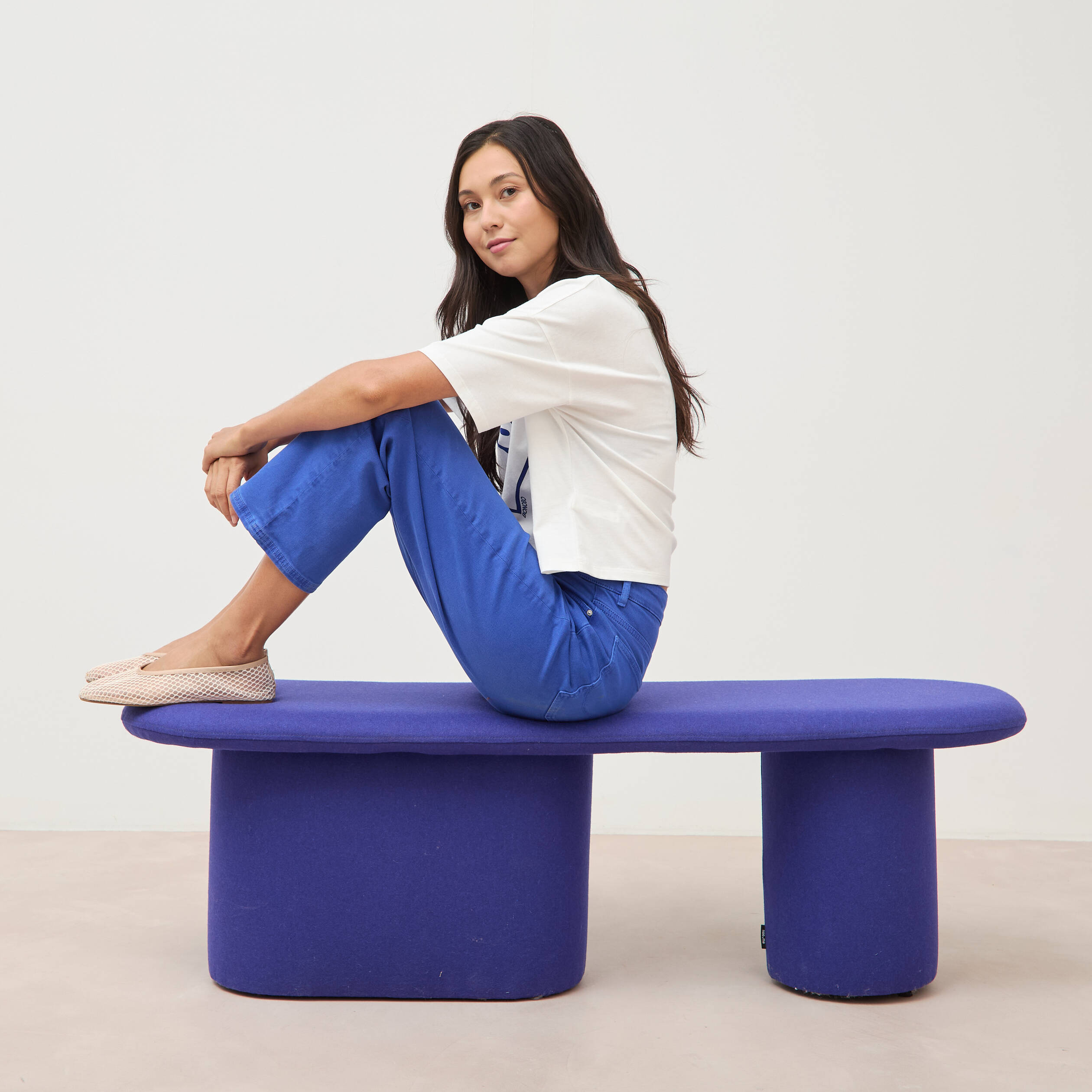 Pantalon straight taille haute bleu electrique femme