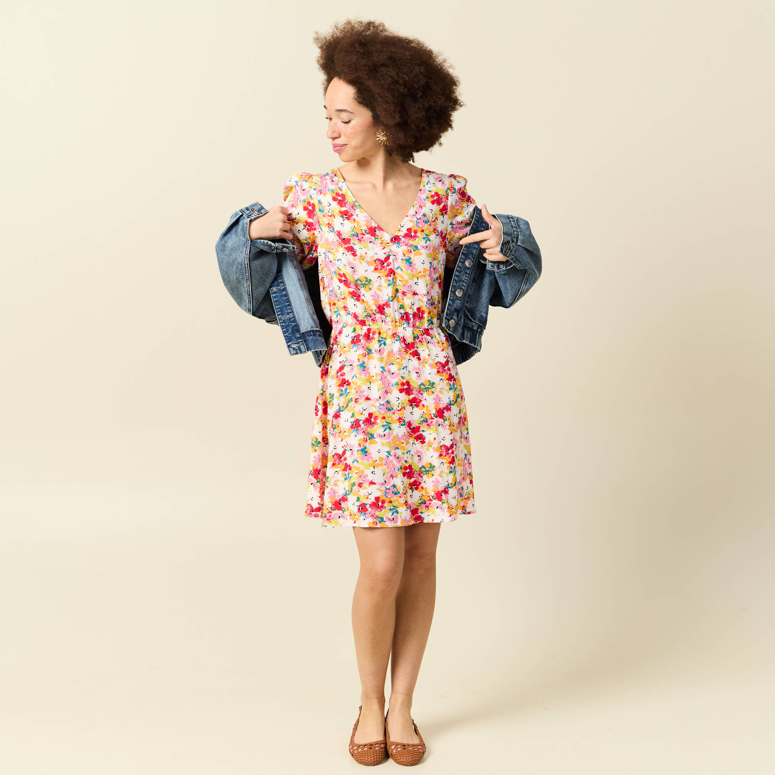 Robe fluide col v manches courtes rose framboise femme