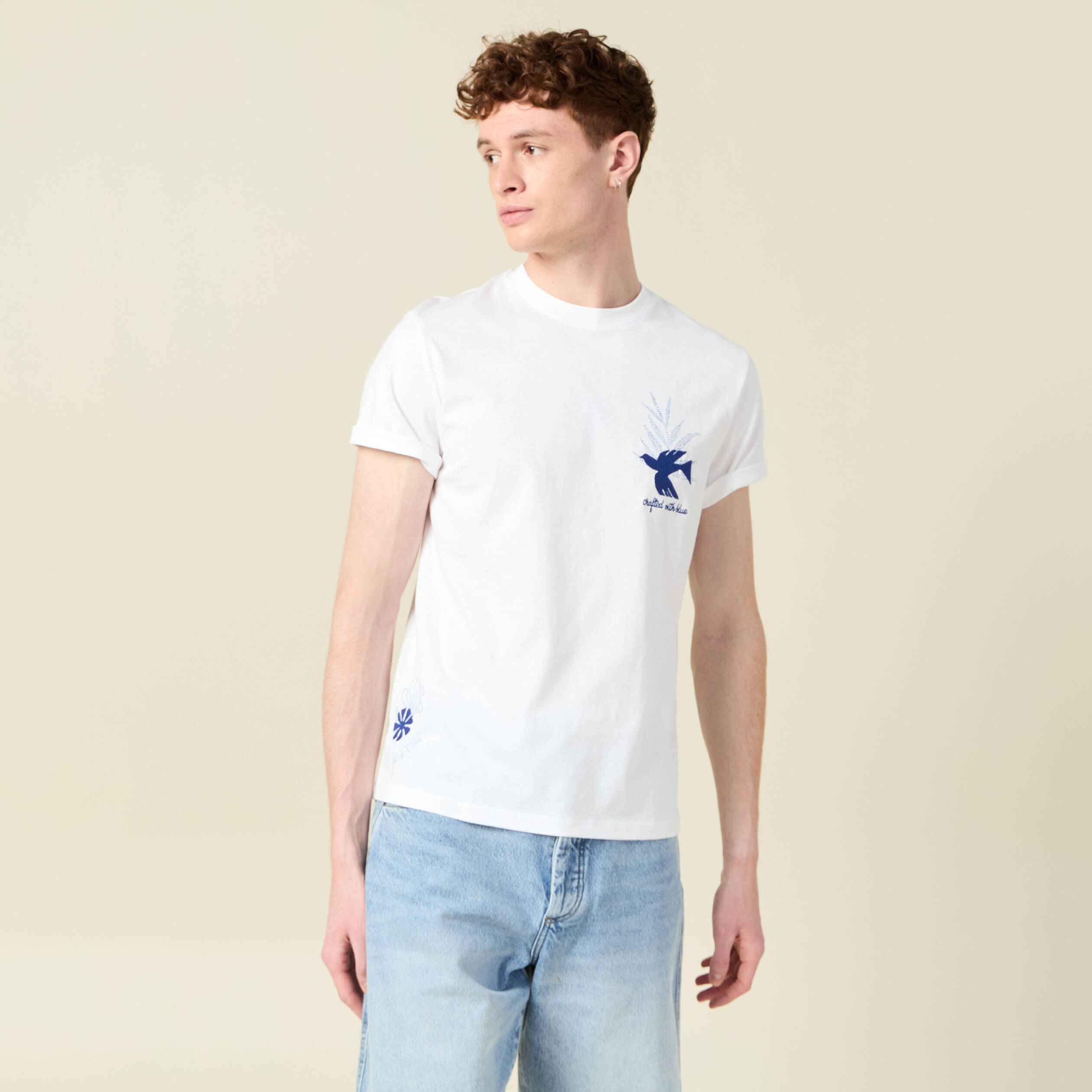 t shirt manches courtes brode blanc homme T-shirt manches courtes brodé blanc homme