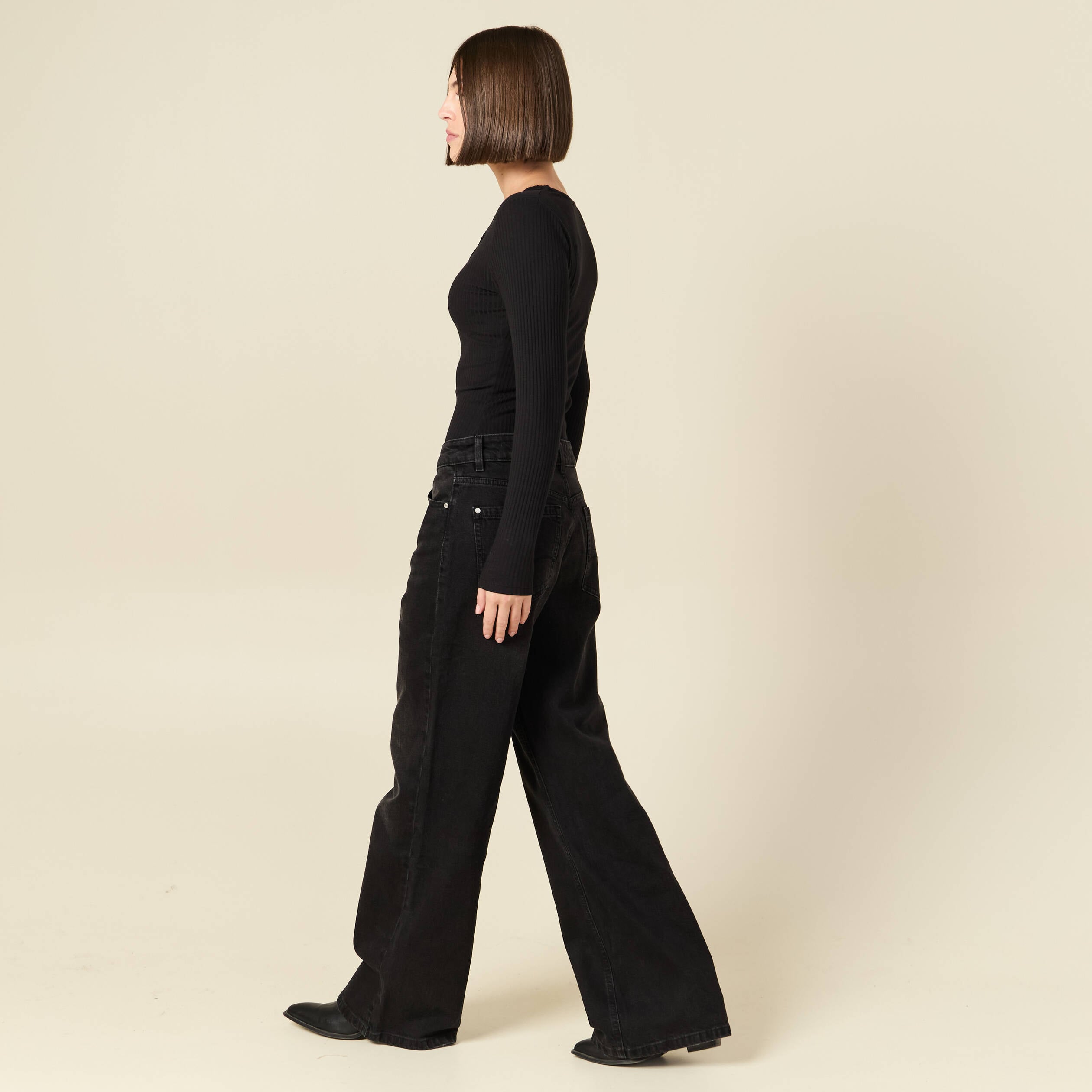 Jeans large taille haute denim noir femme