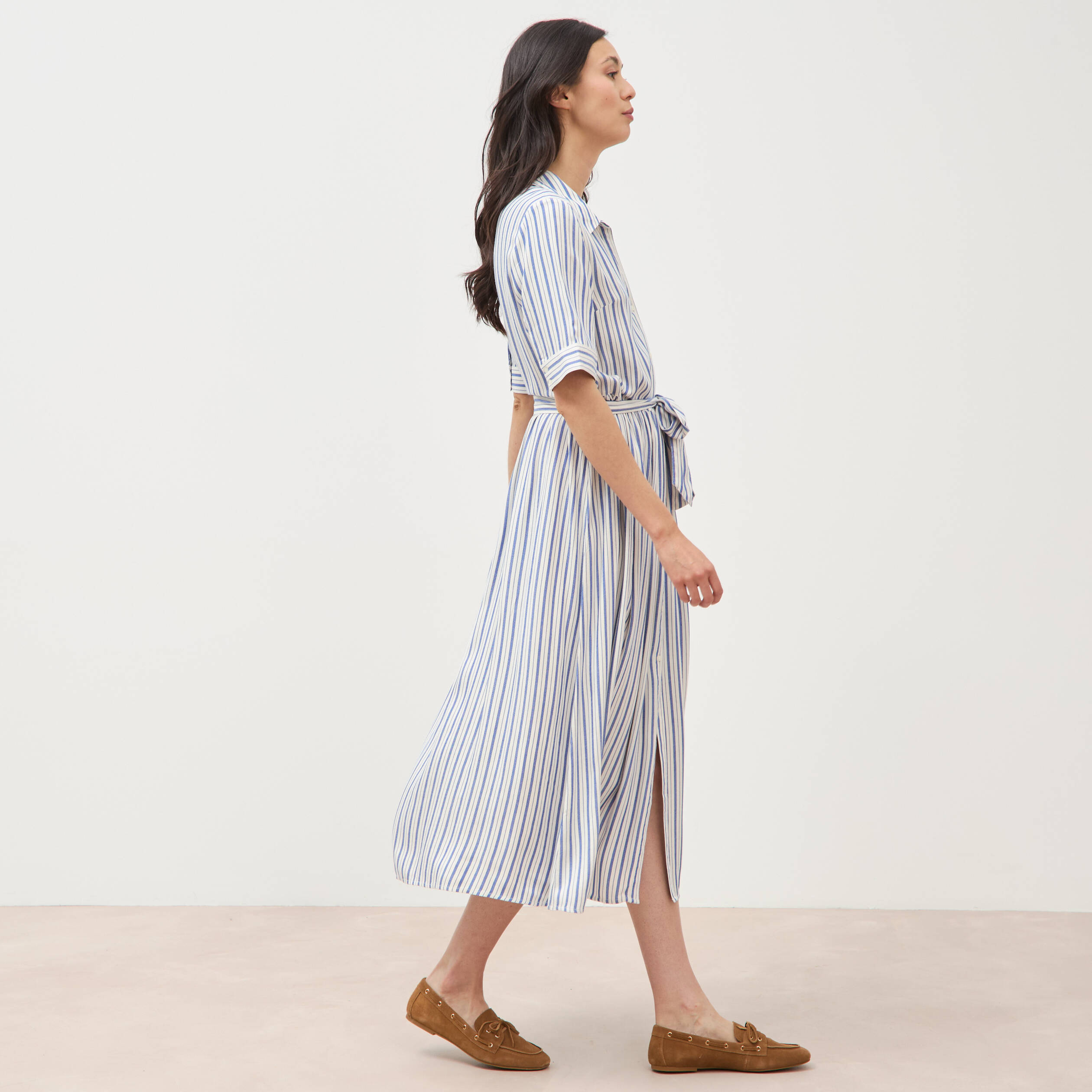 Robe manches courtes col am&eacute;ricain ecru femme