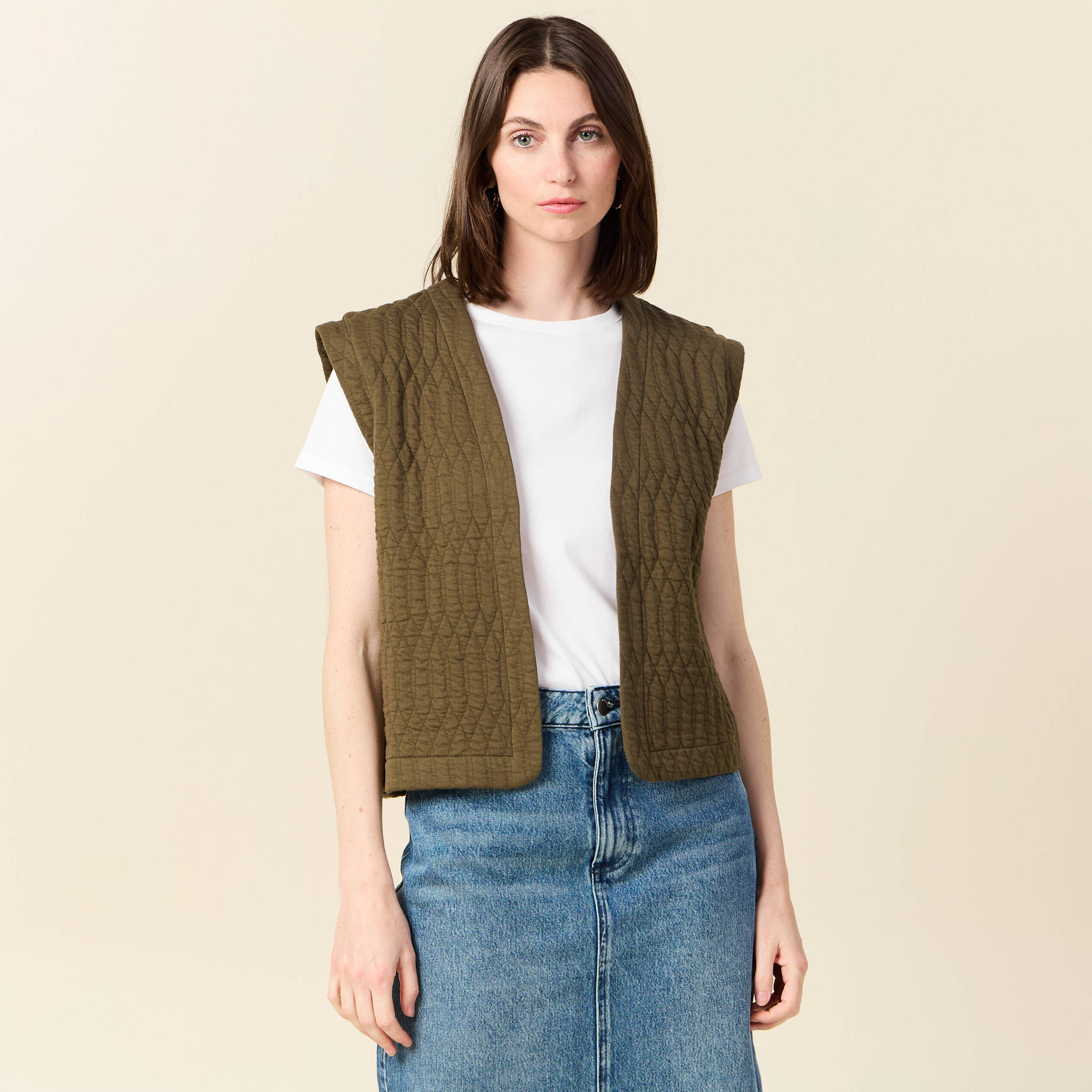 gilet sans manches matelasse vert kaki femme Gilet sans manches matelassé vert kaki femme