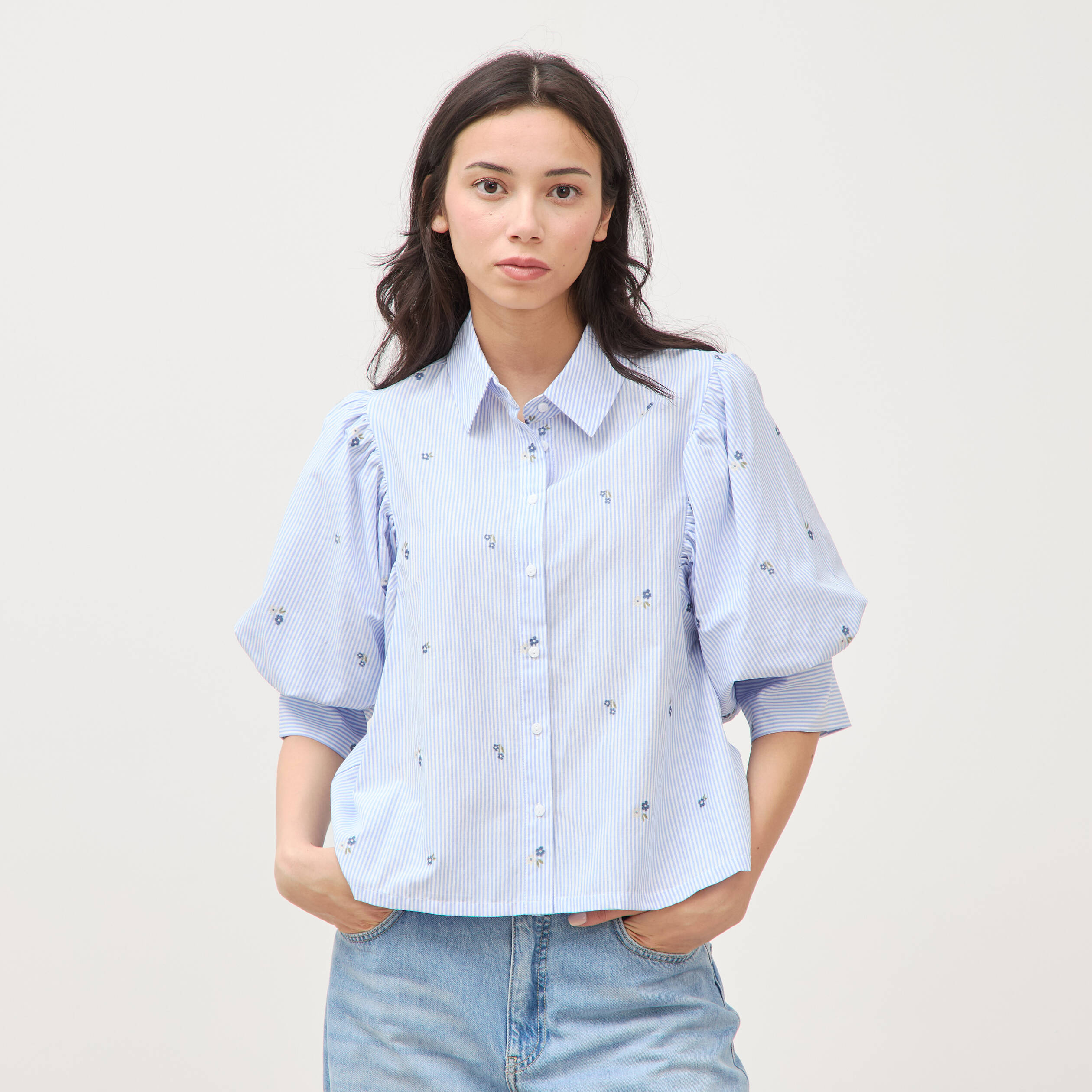 Chemise ample manches coude bleu ciel femme