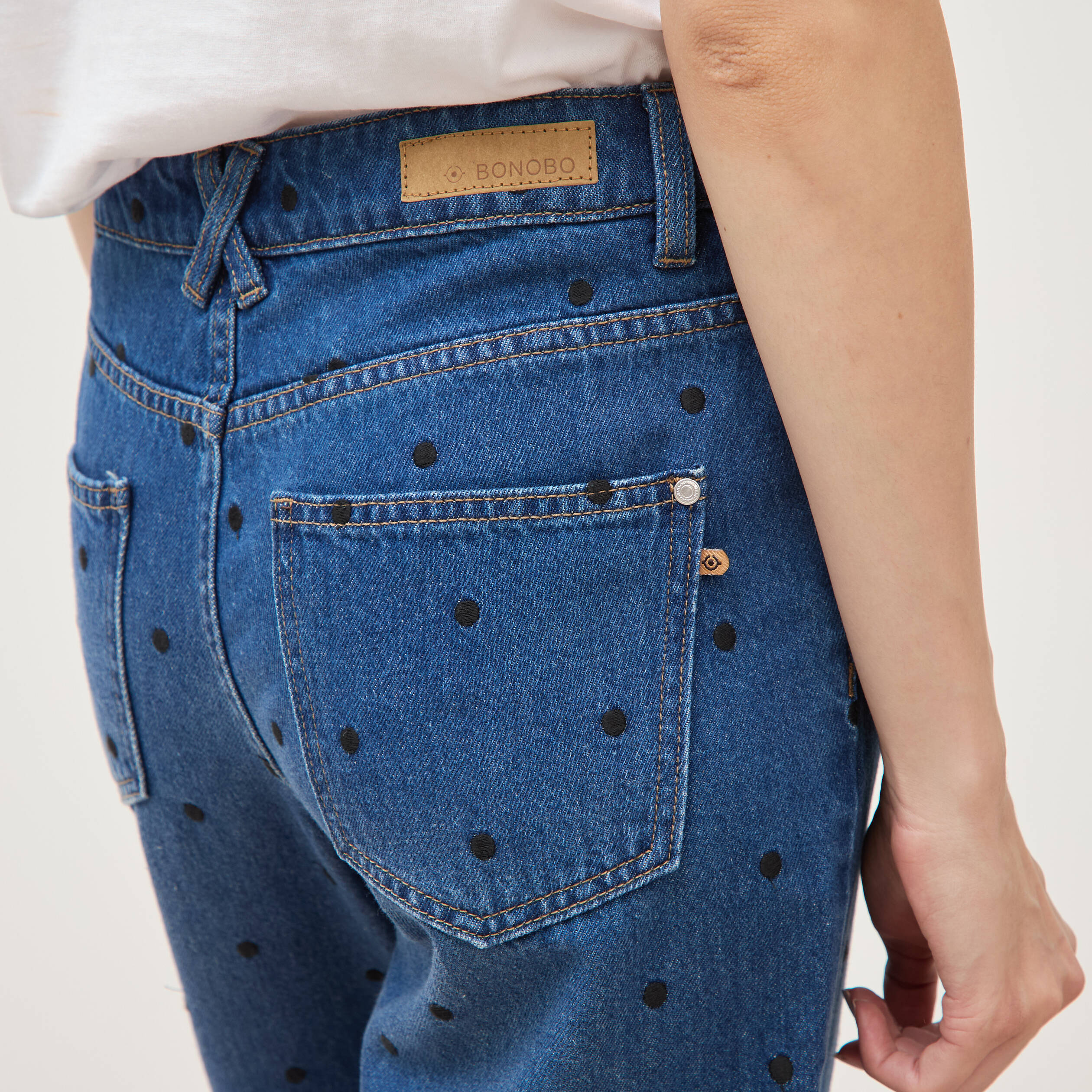 Jeans straight taille haute broderie bleu clair femme