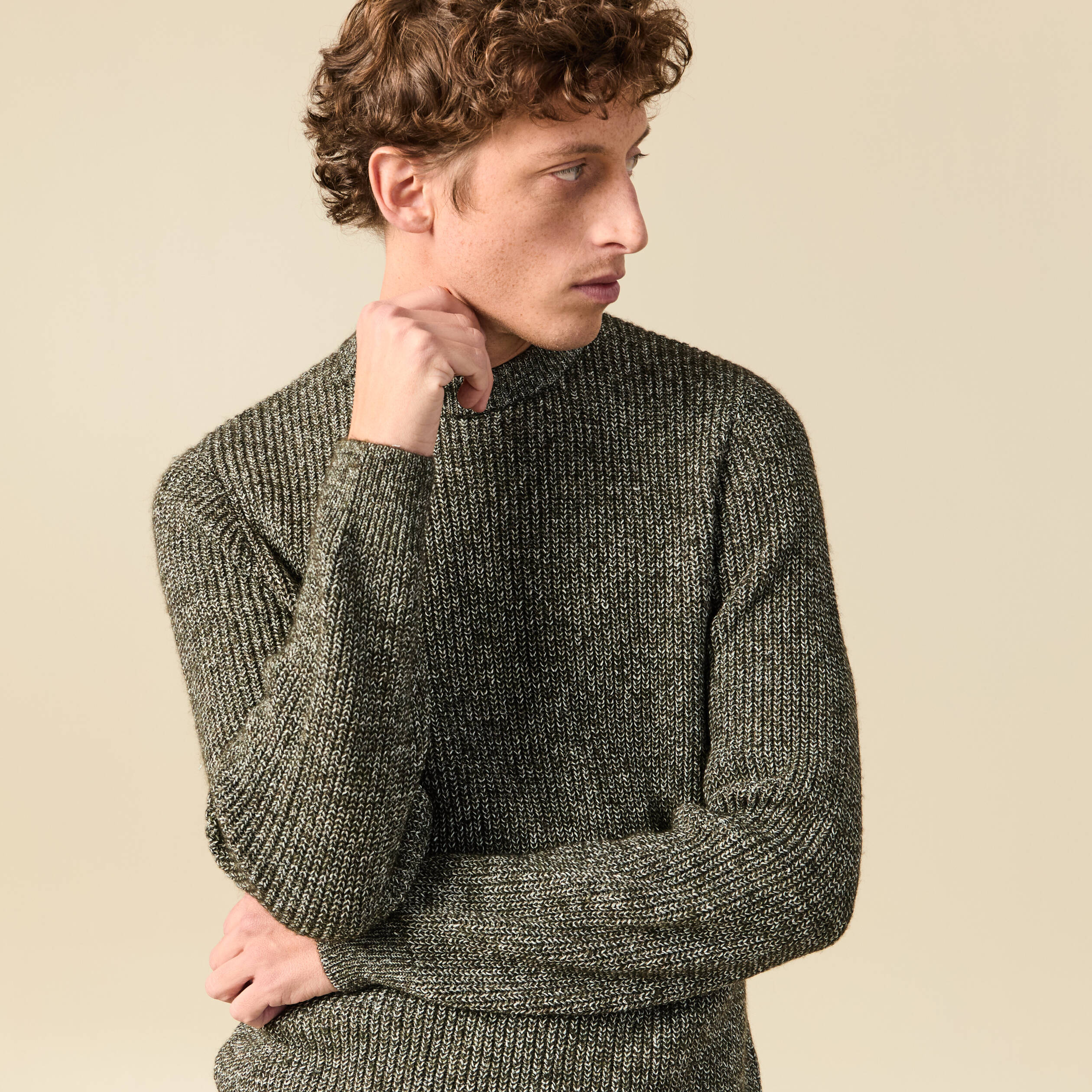 Pull manches longues col rond vert kaki homme