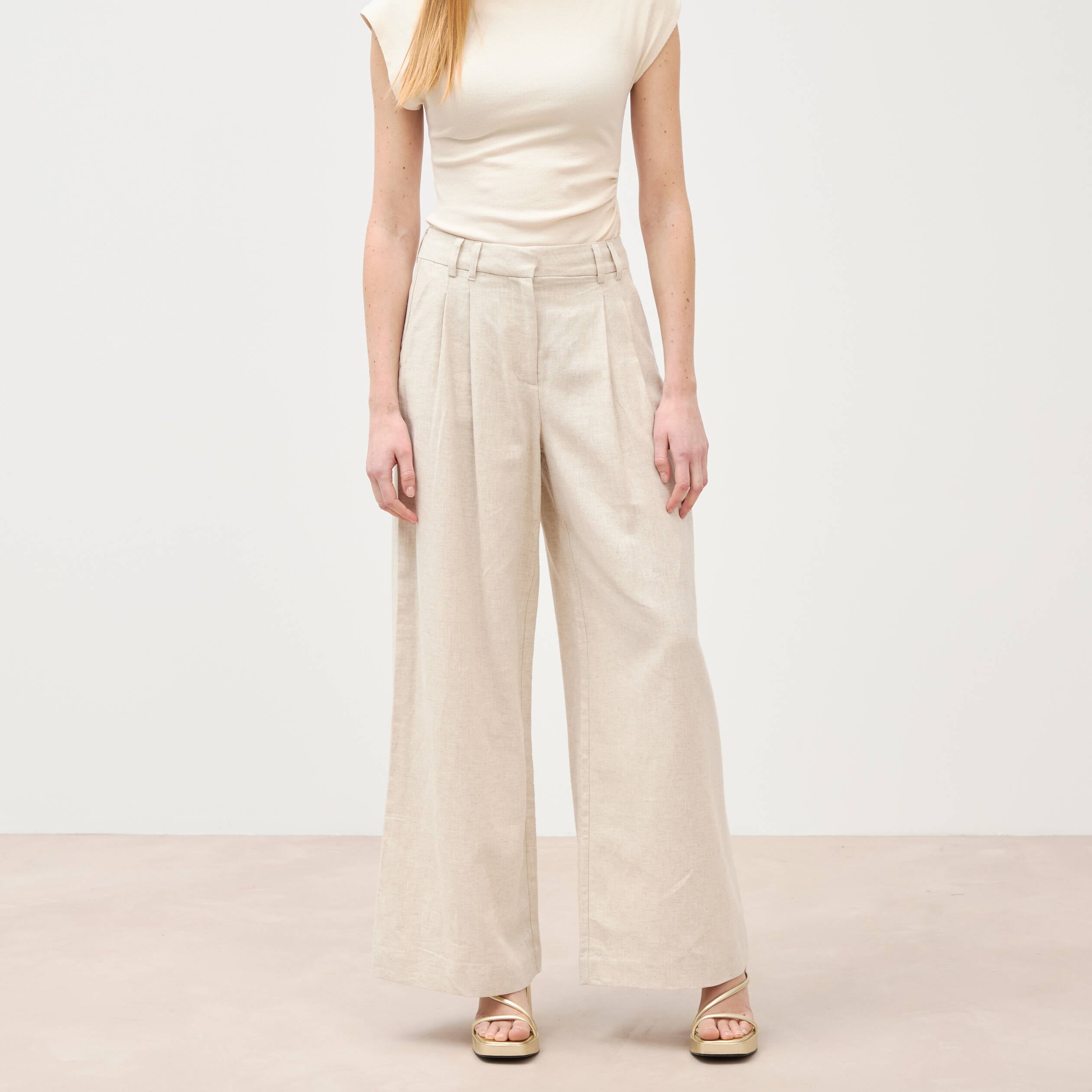 Pantalon large taille haute sable femme