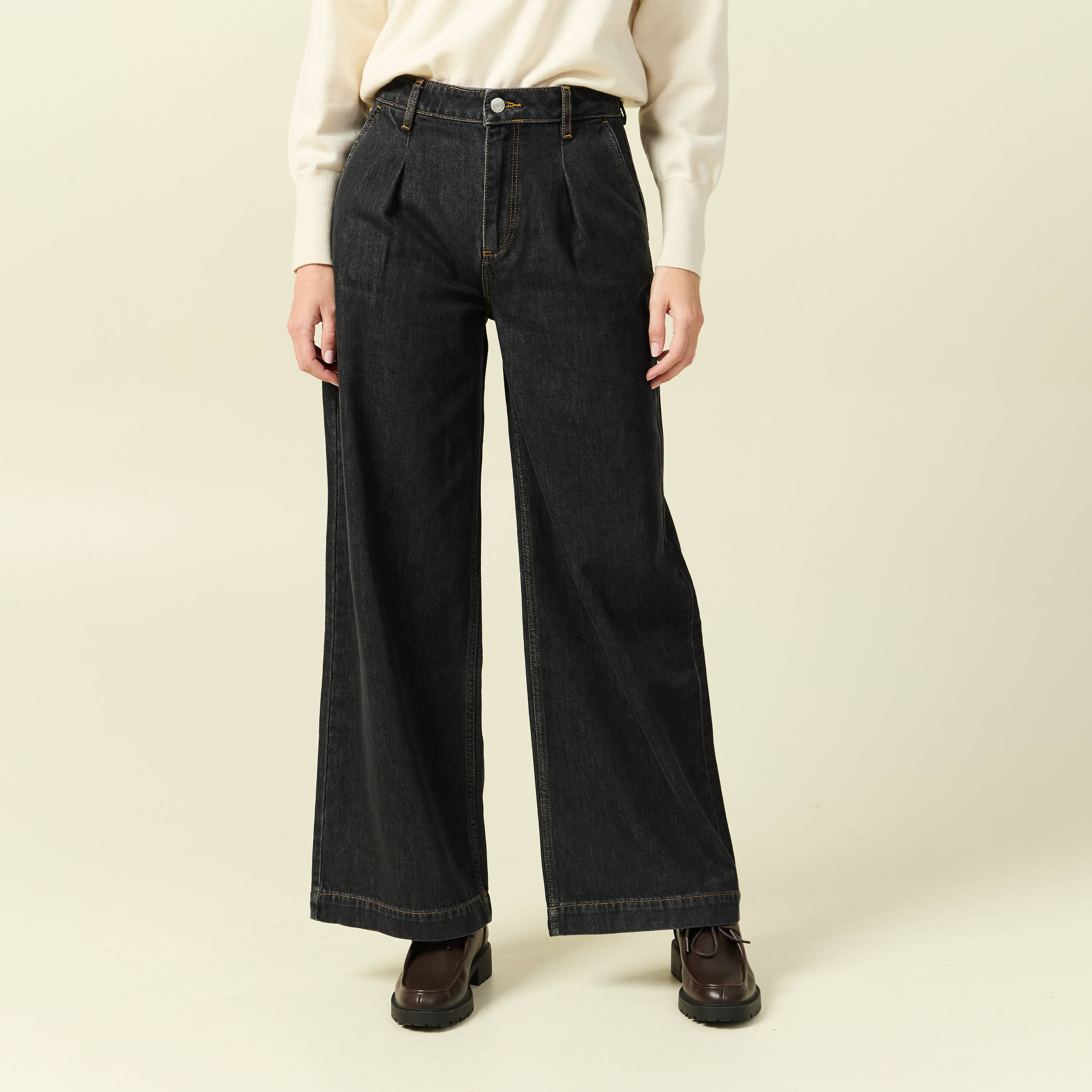 Jeans large taille haute denim gris femme