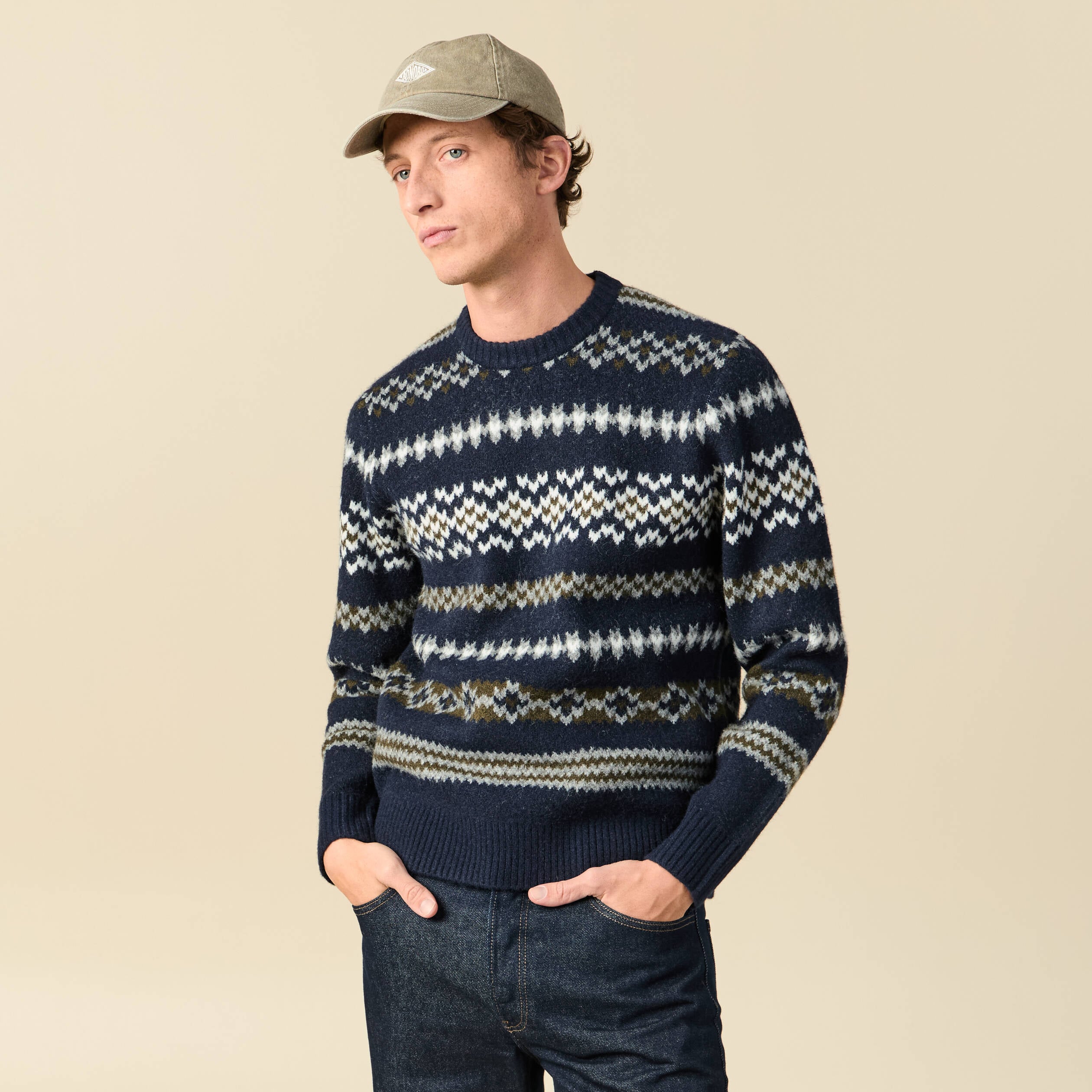 Pull manches longues col rond bleu marine homme