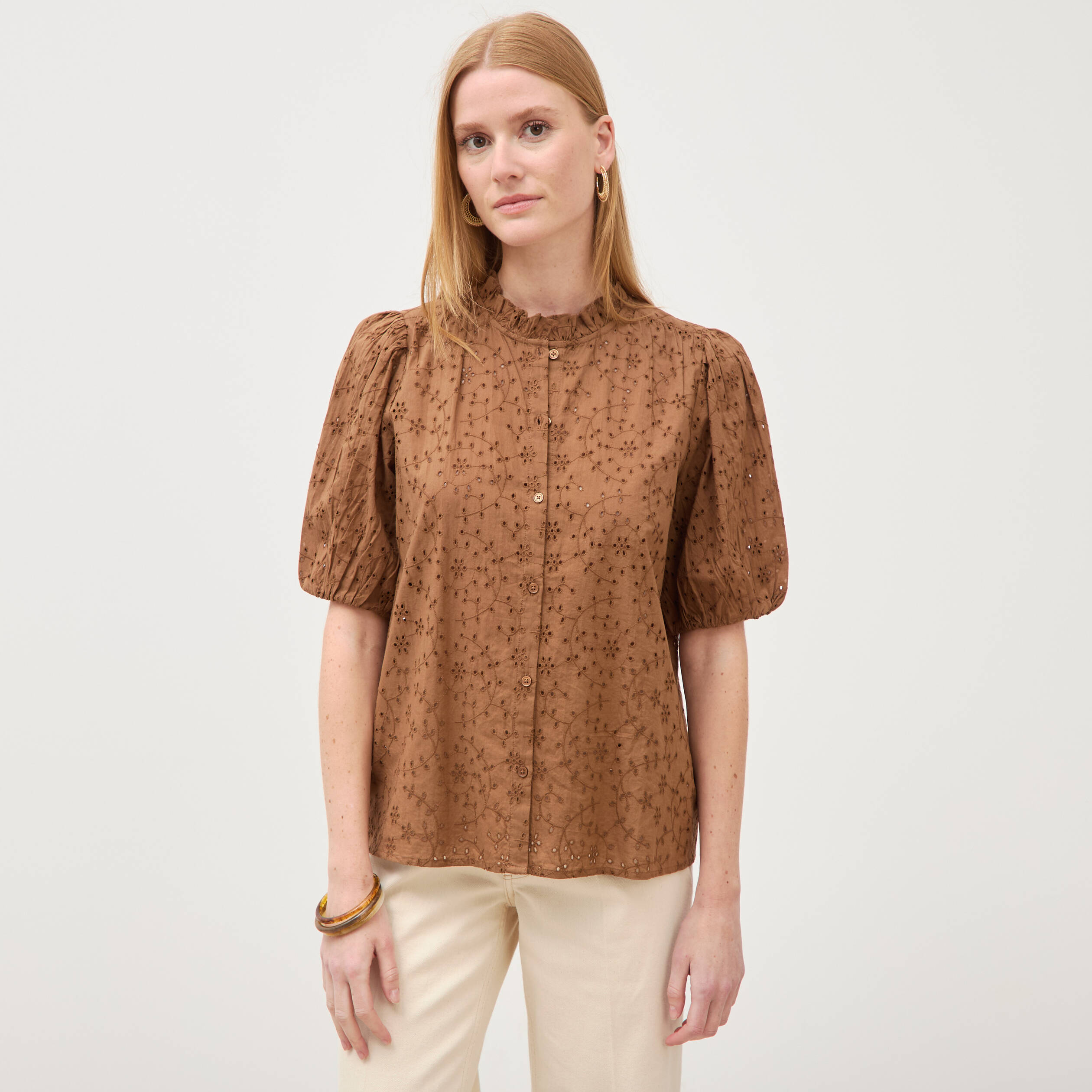Chemise en coton manches coude marron femme