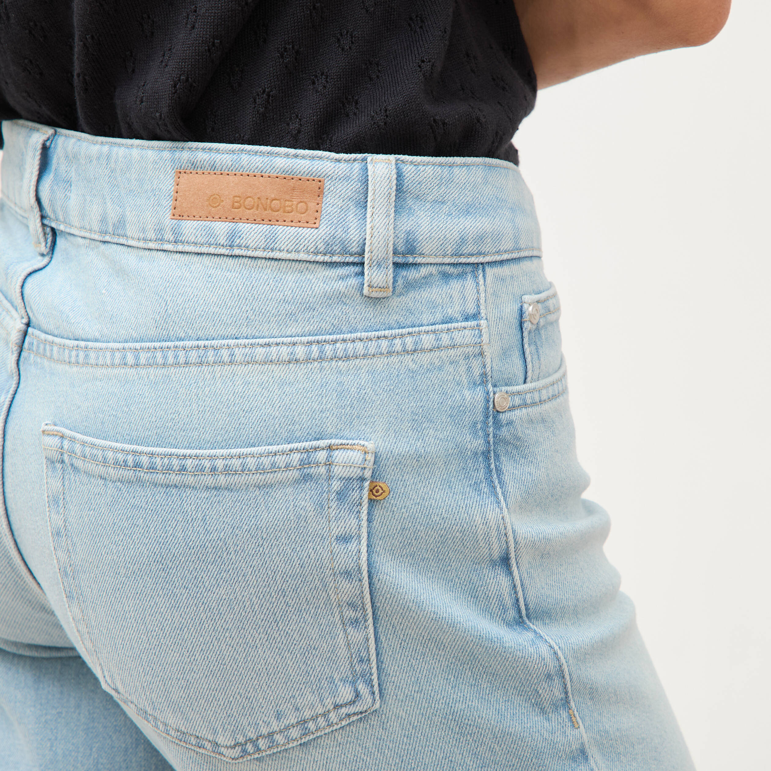 Jeans wide leg taille bascul&eacute;e bleu femme