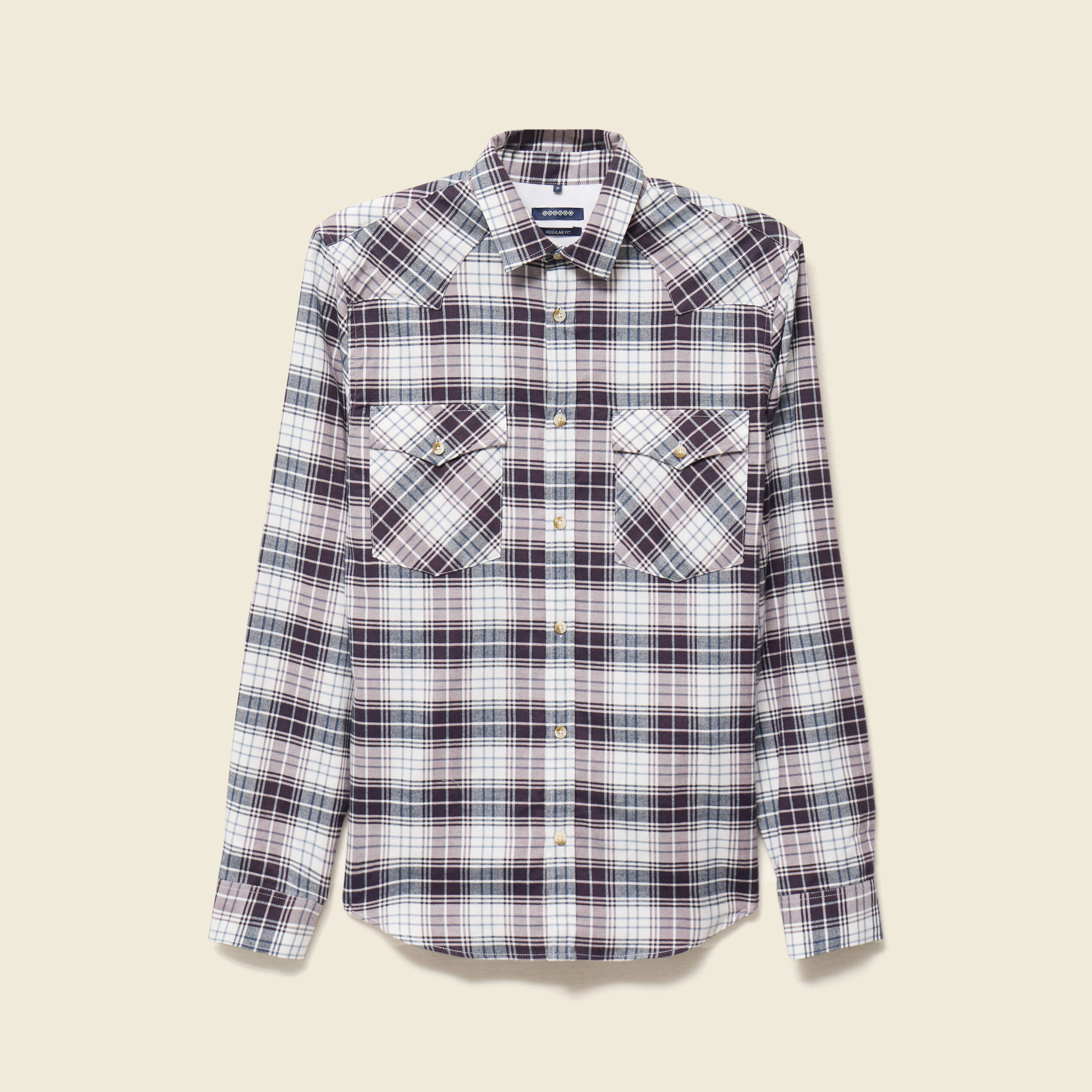 Chemise &agrave; carreaux manches longues ecru homme