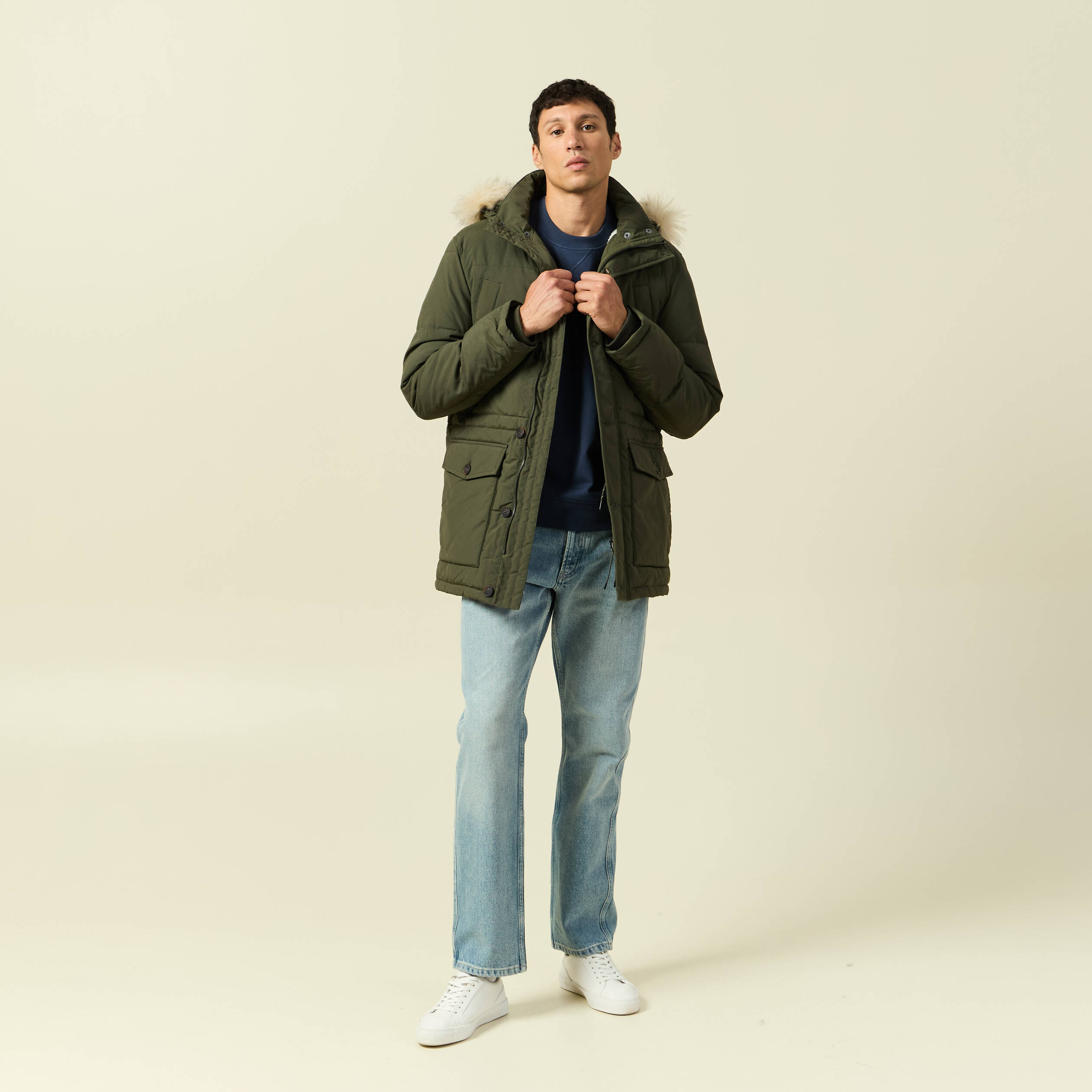 Parka longue droite &agrave; capuche vert kaki homme