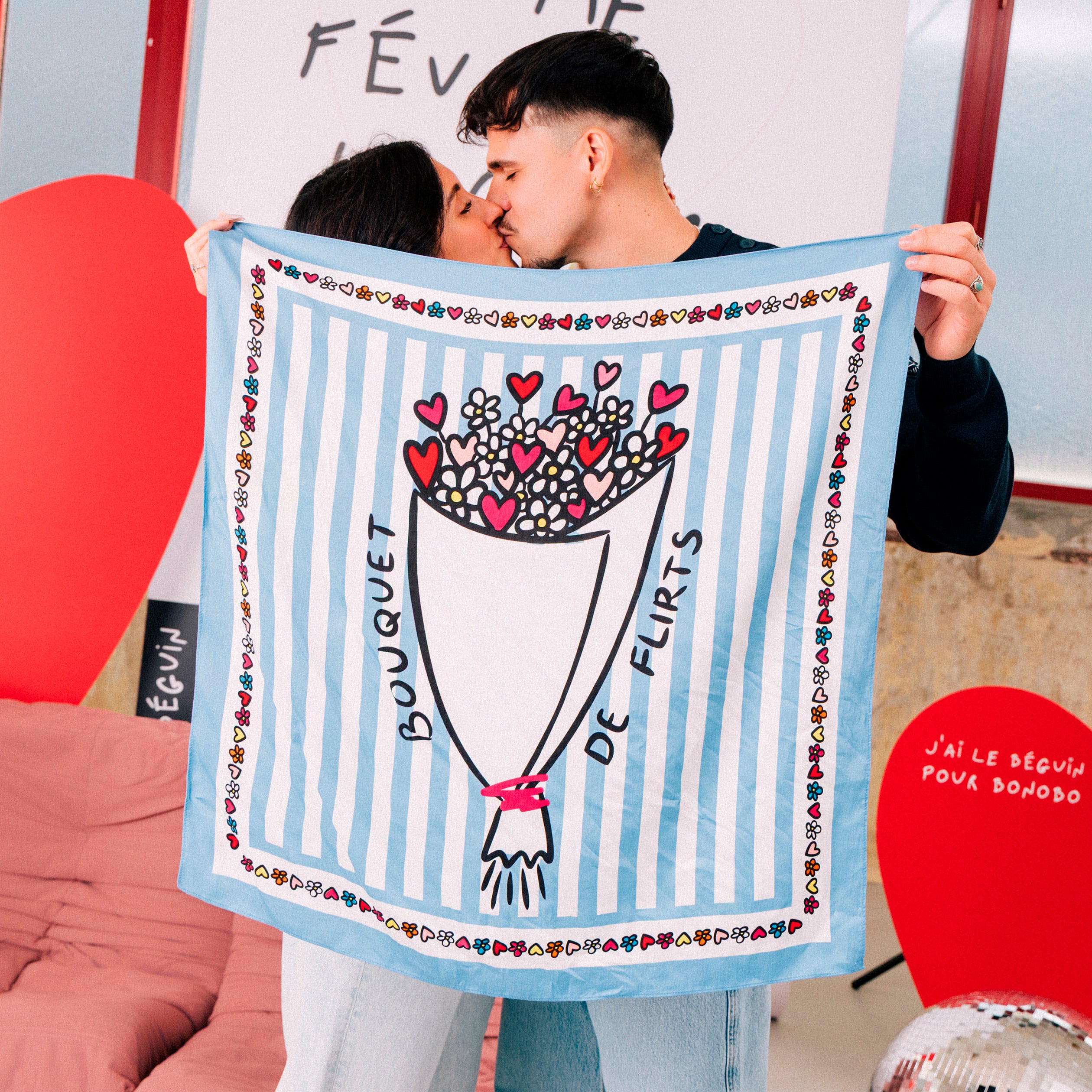 Foulard carr&eacute; Atelier Beguin x Bonobo bleu ciel femme