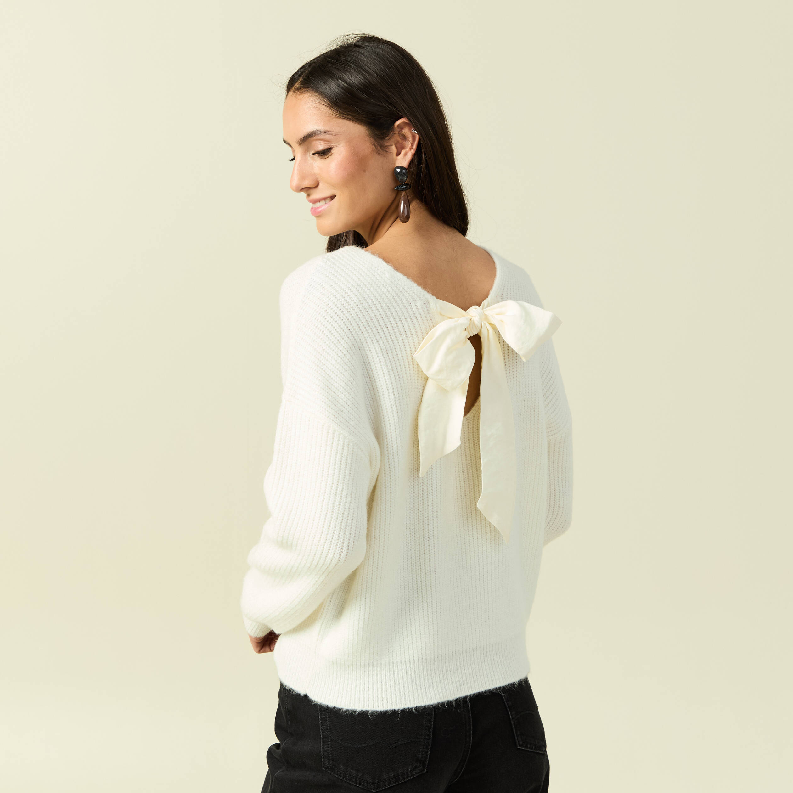 Pull col rond manches longues ecru femme