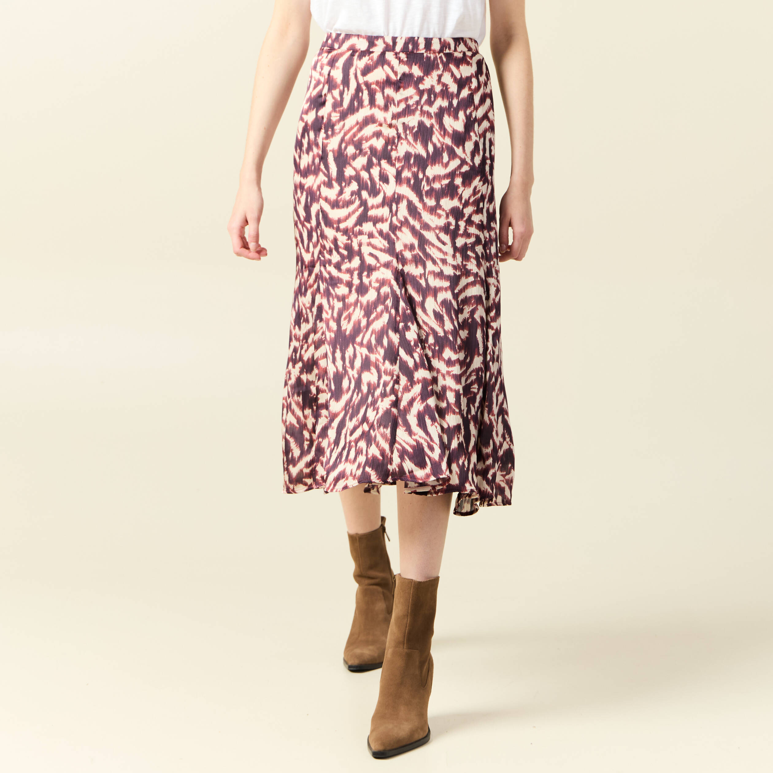 jupe midi evasee fluide marron femme Jupe midi évasée fluide marron femme