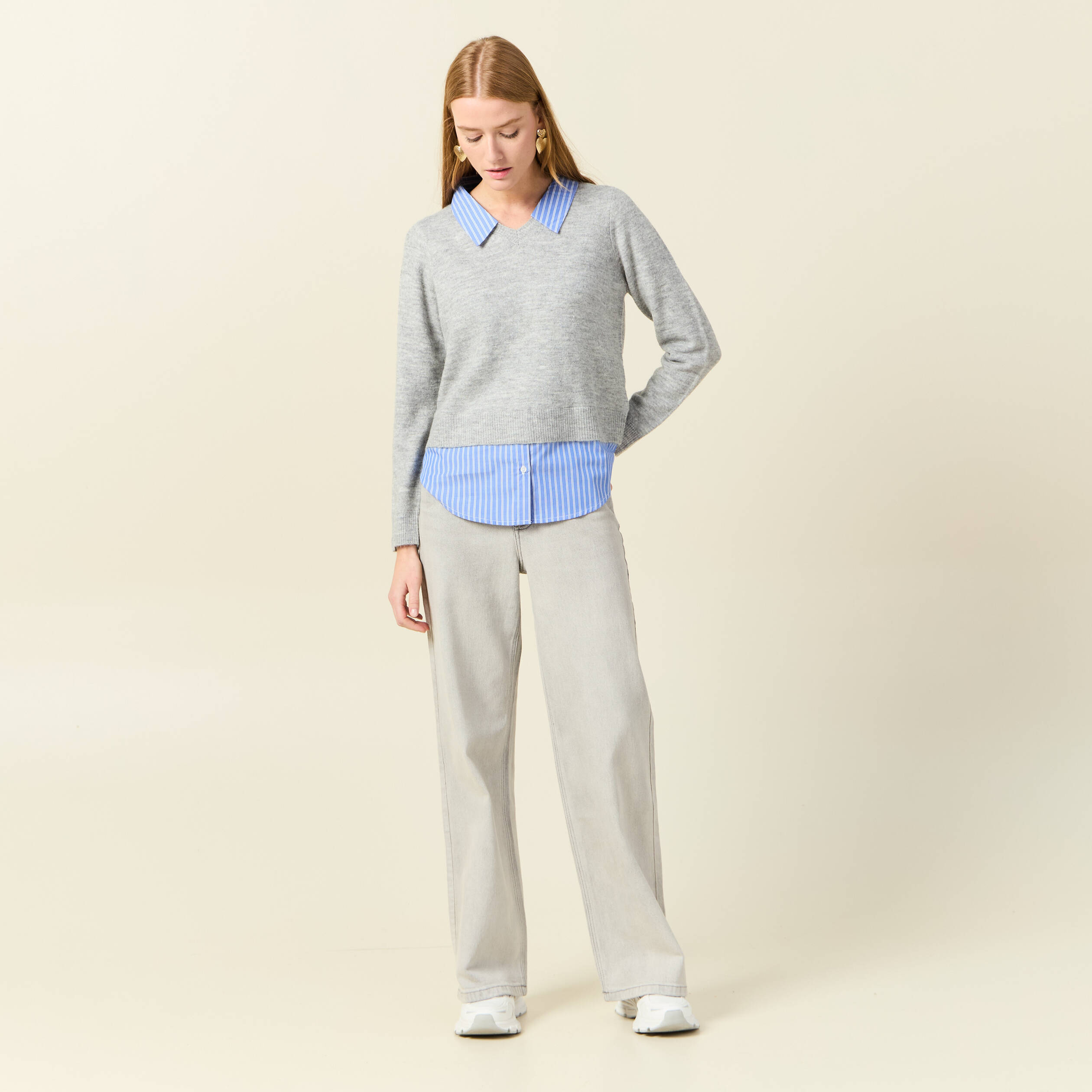 Pull manches longues gris clair femme
