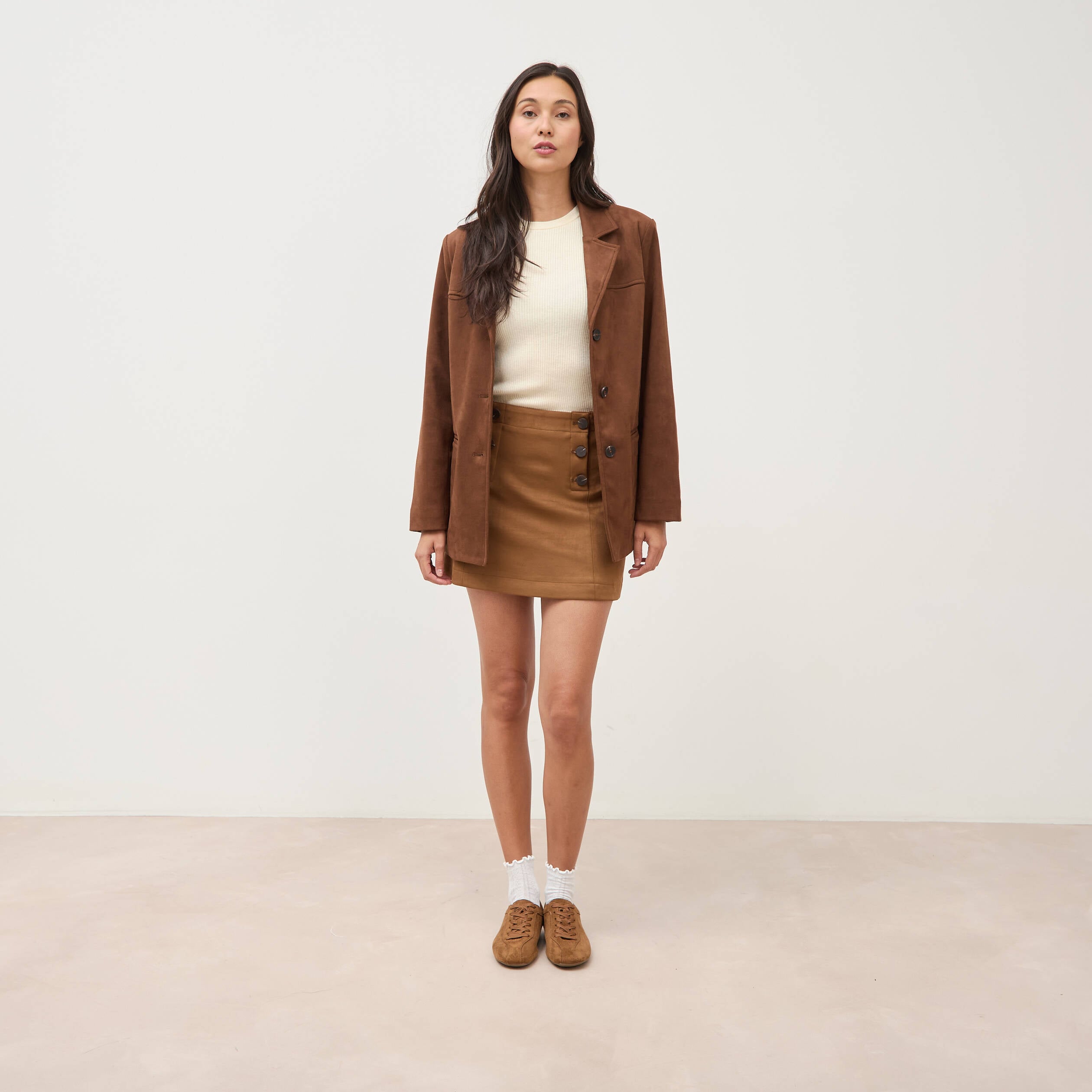 Blazer col tailleur manches longues marron fonc&eacute; femme