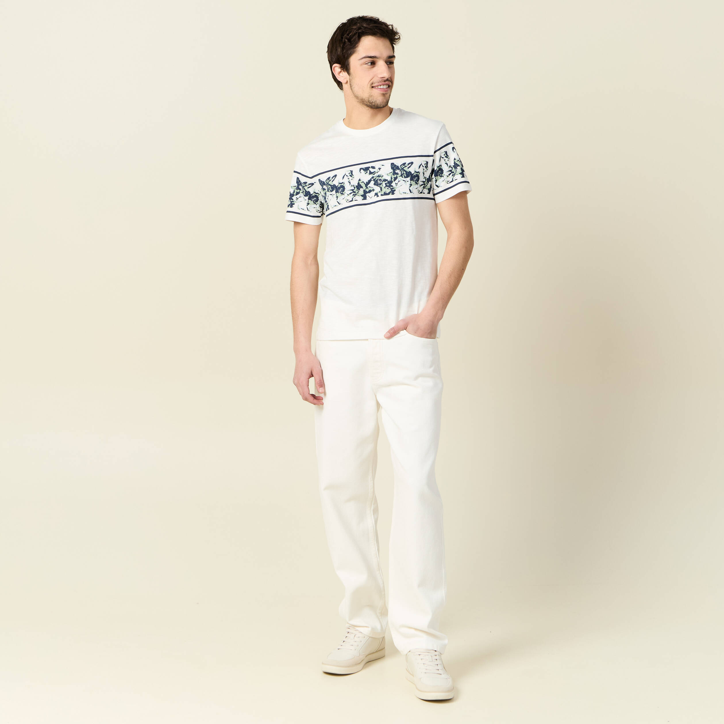 T-shirt coupe droite en coton col rond bleu ciel homme