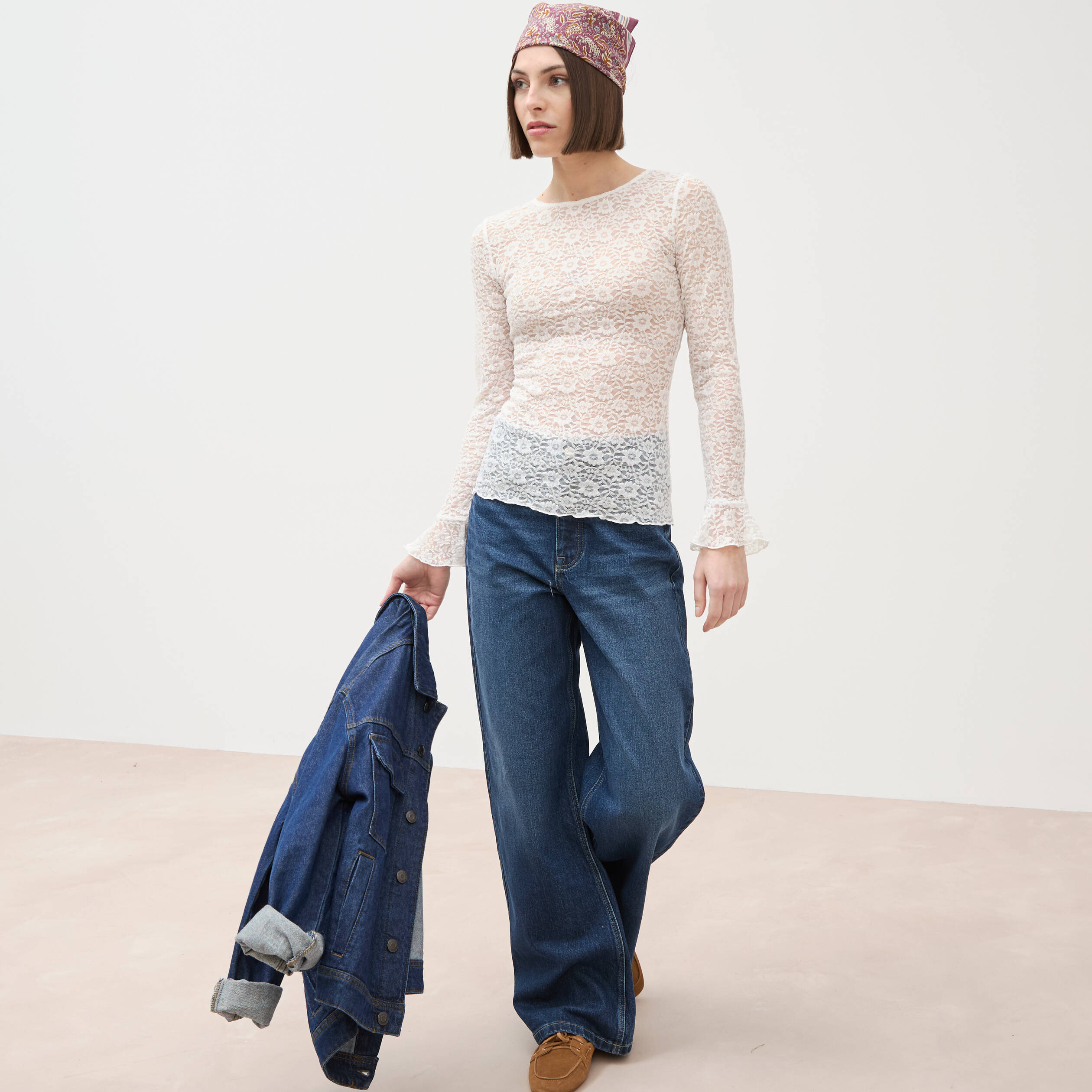 Jeans large taille haute denim brut femme