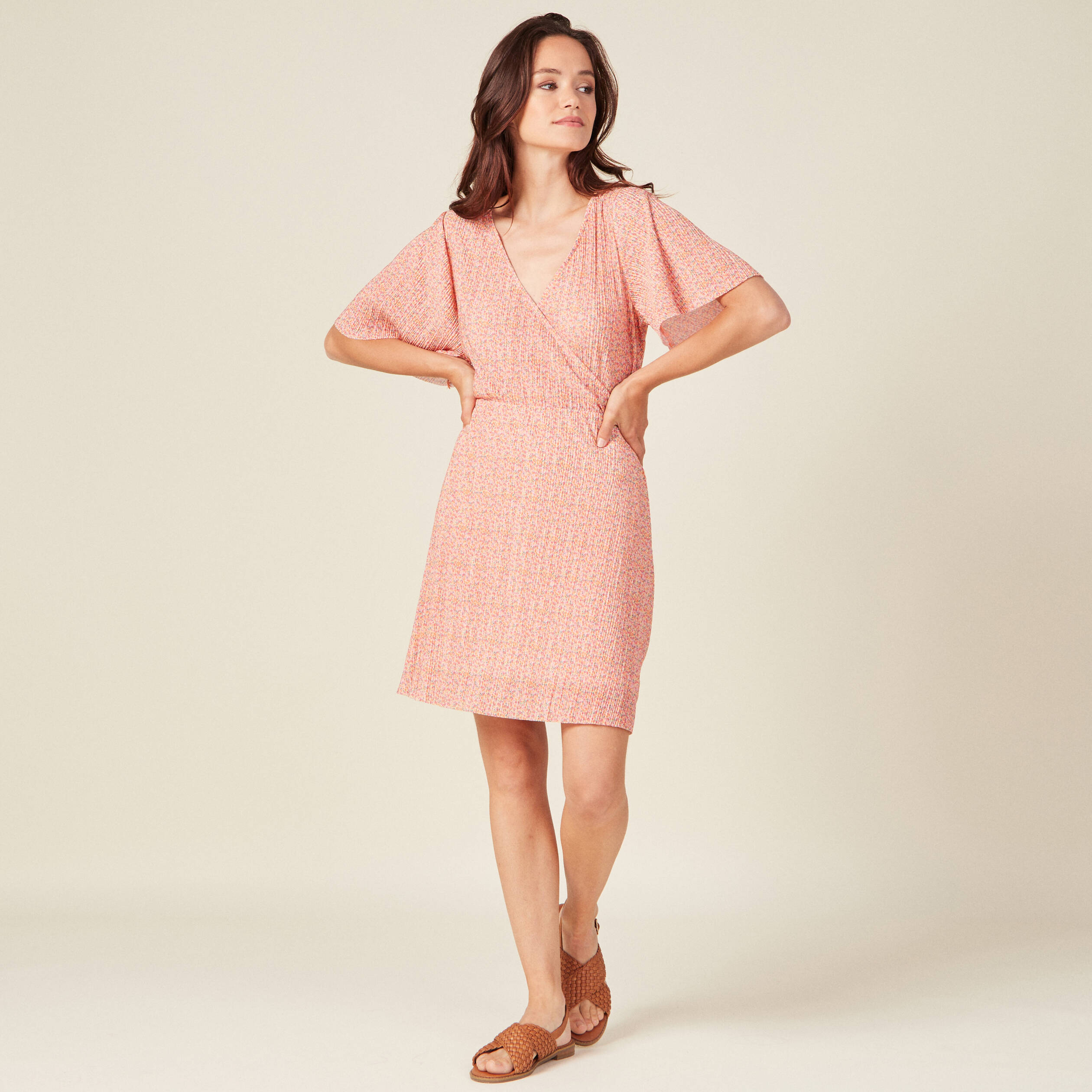 Robe trap?�ze pliss?�e orange femme | Vibs